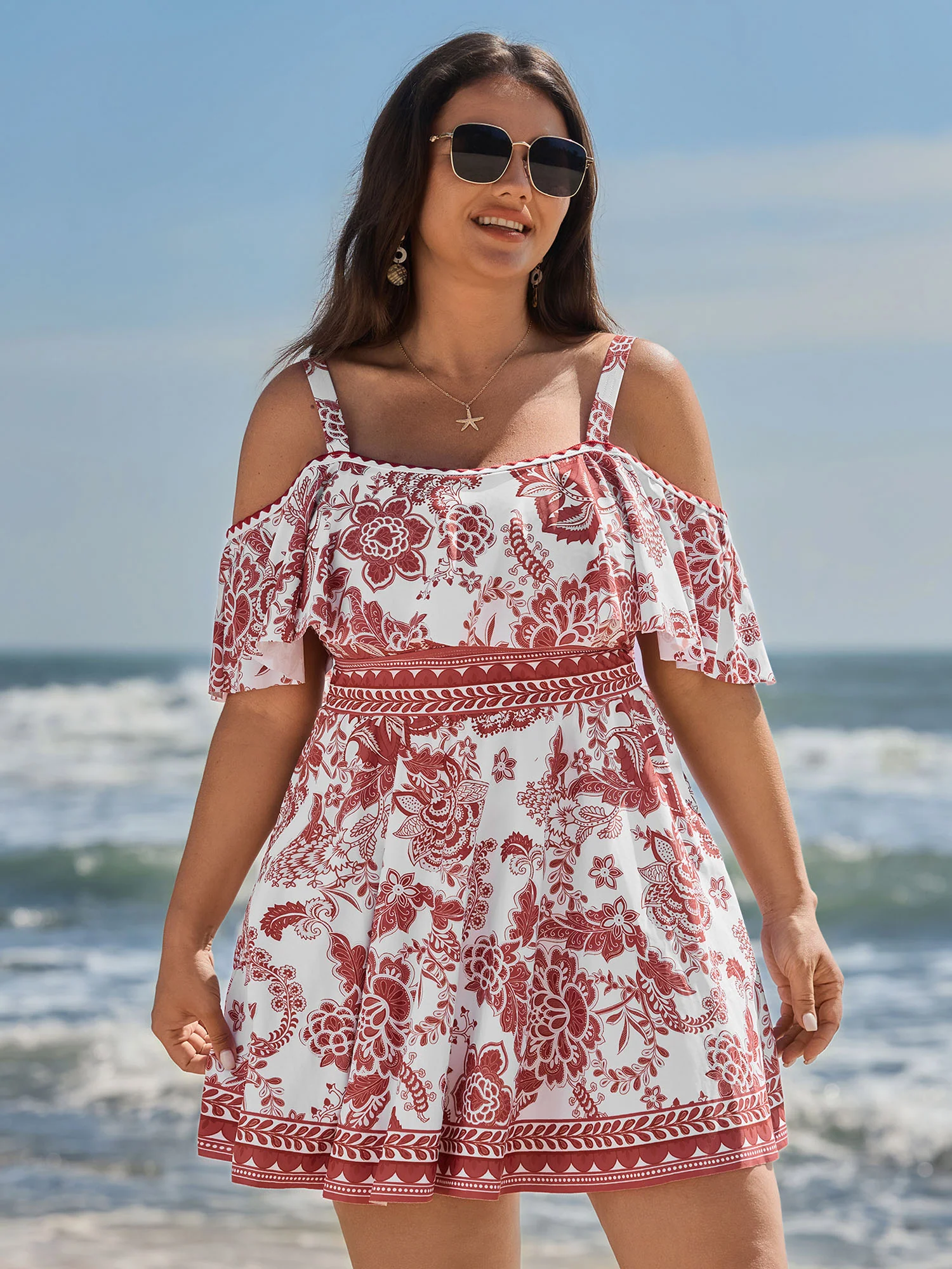 Anti-Float Tie Off-Shoulder Swim Dress