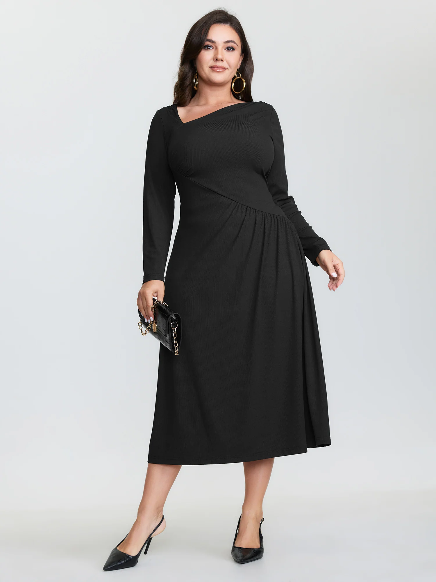 Asymmetrical Neckline Draped Knit Midi Dress