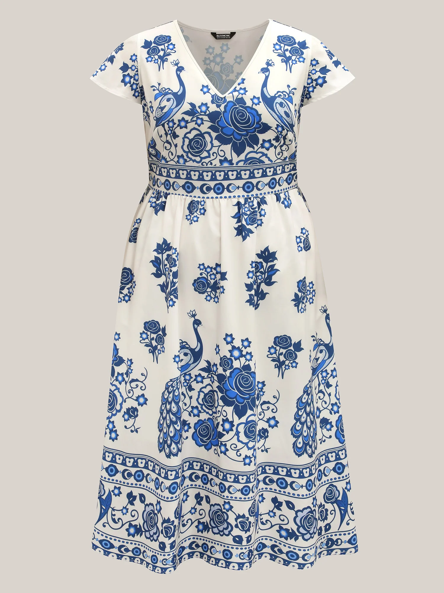 Boho Print V-Neck Pockets Midi Dress - Image 7
