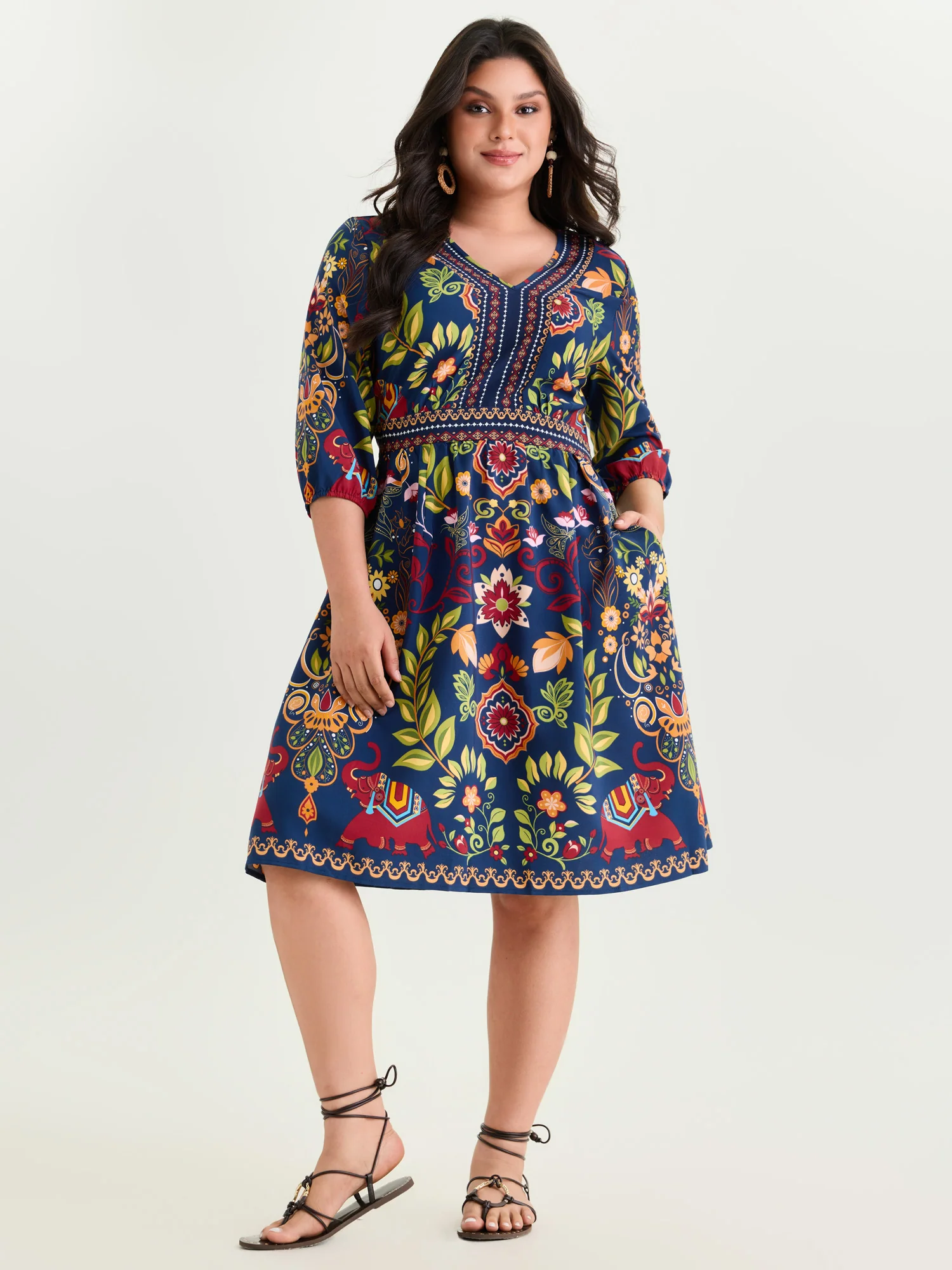 Boho Print V-Neck Pockets Mini Dress - Image 3
