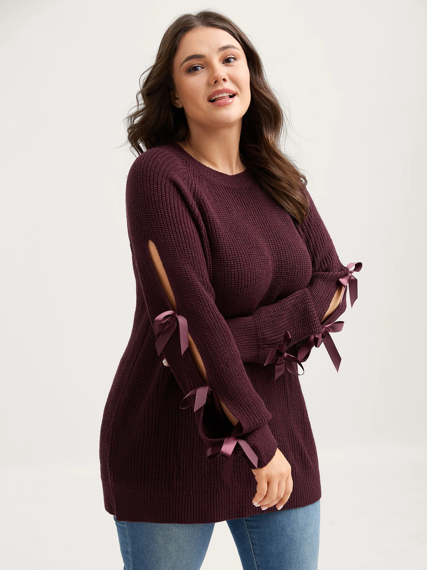 Bowknot Cut-Out Sleeve Solid Pullover - Image 2