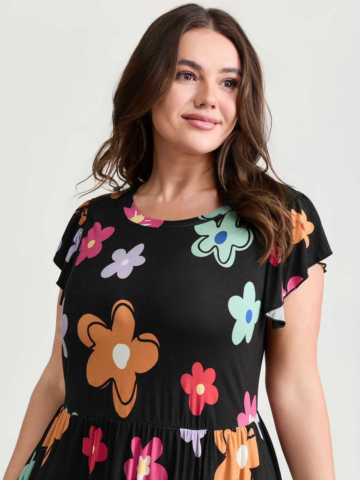 Bright Floral Print Flutter Sleeve Midi Dress - Image 2