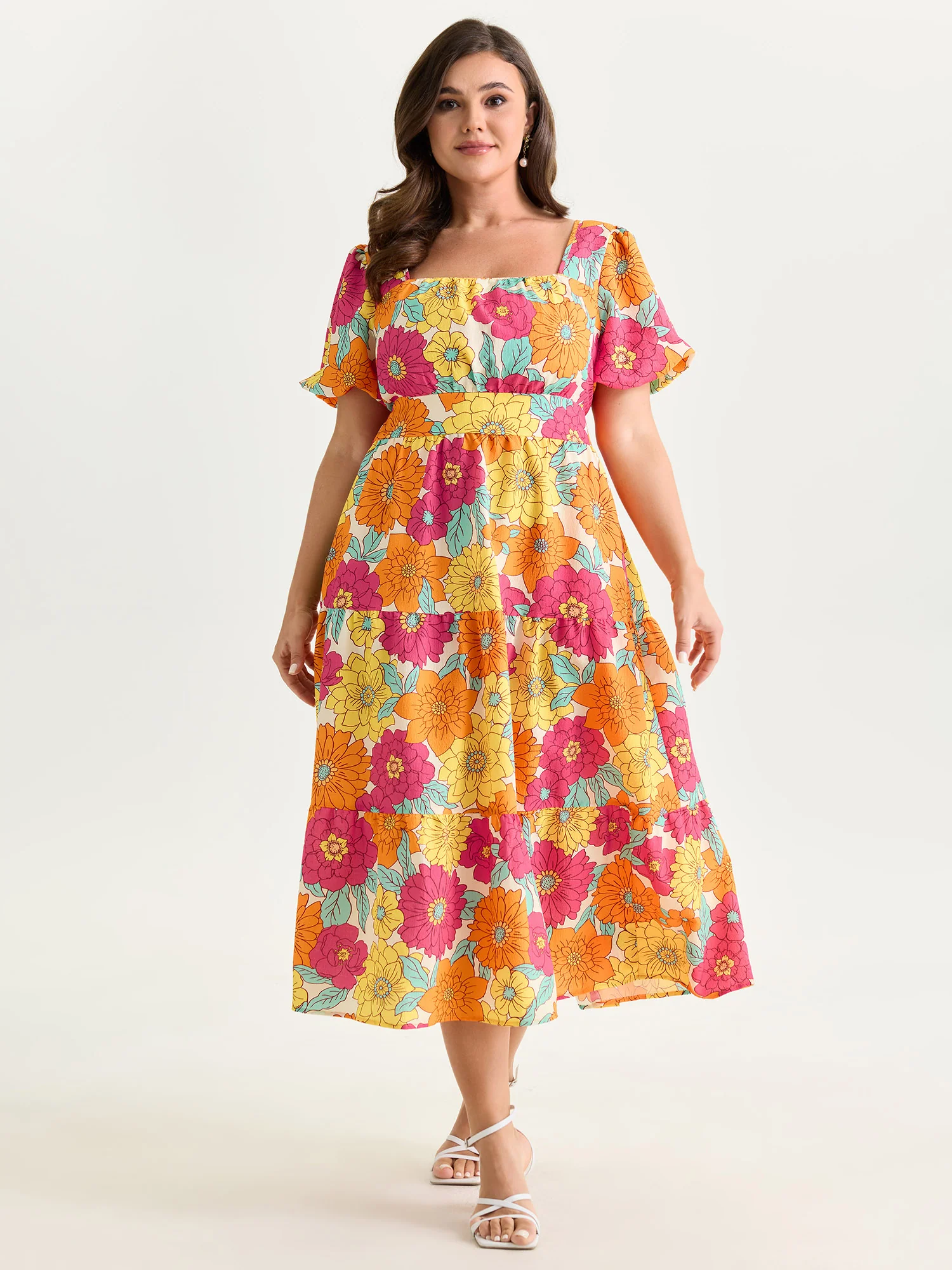 Bright Floral Print Shirred Midi Dress