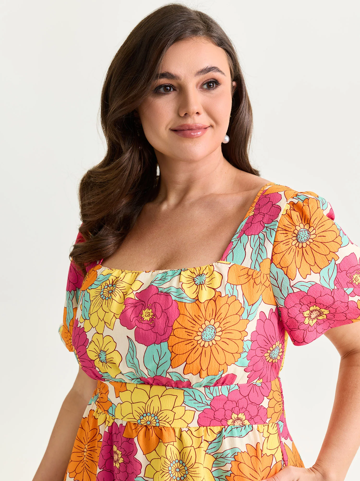 Bright Floral Print Shirred Midi Dress - Image 2