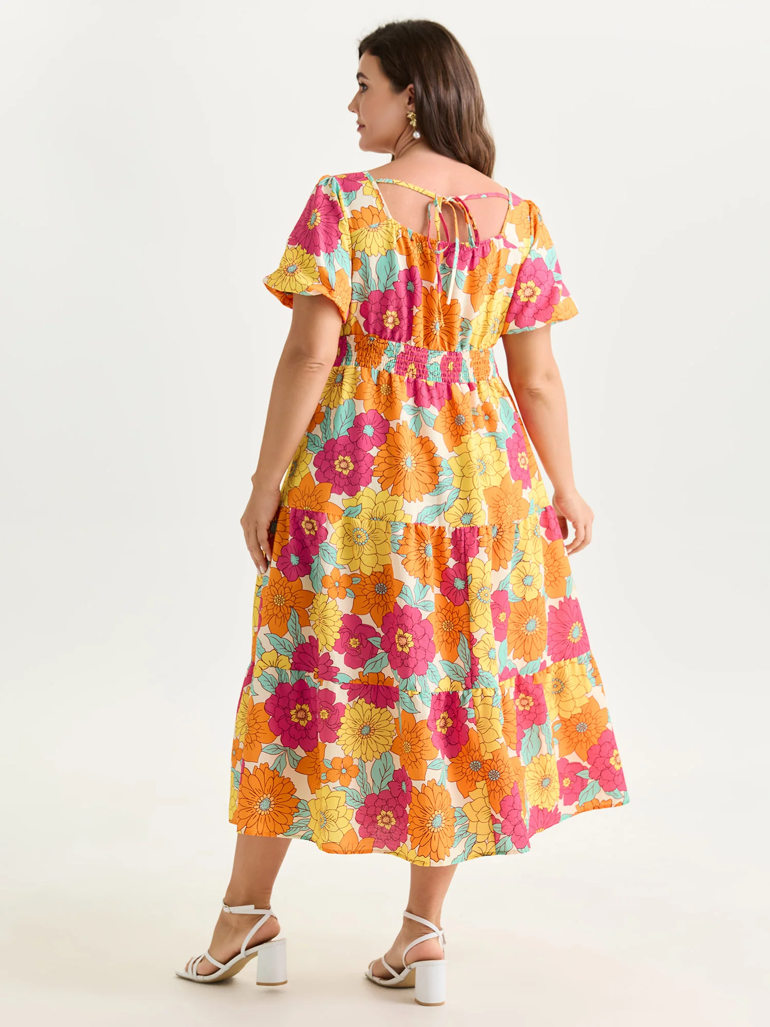 Bright Floral Print Shirred Midi Dress - Image 5