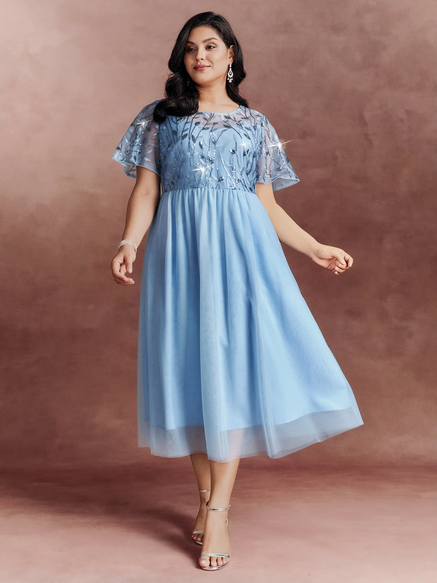 Chiffon Sequin Mesh Embroidered Round Neck Midi Dress - Image 2