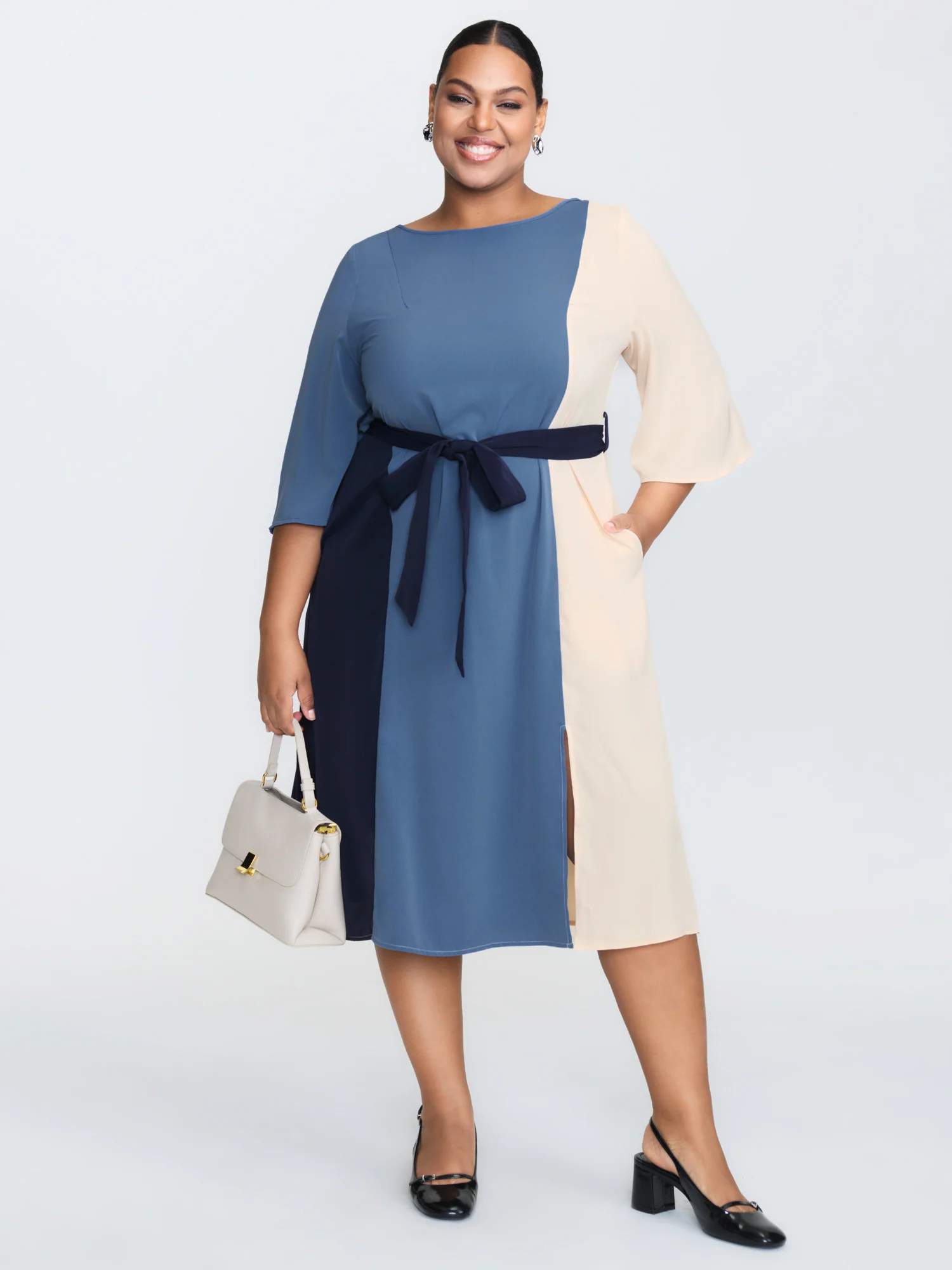 Colorblock Belted Round Neck Midi Dress