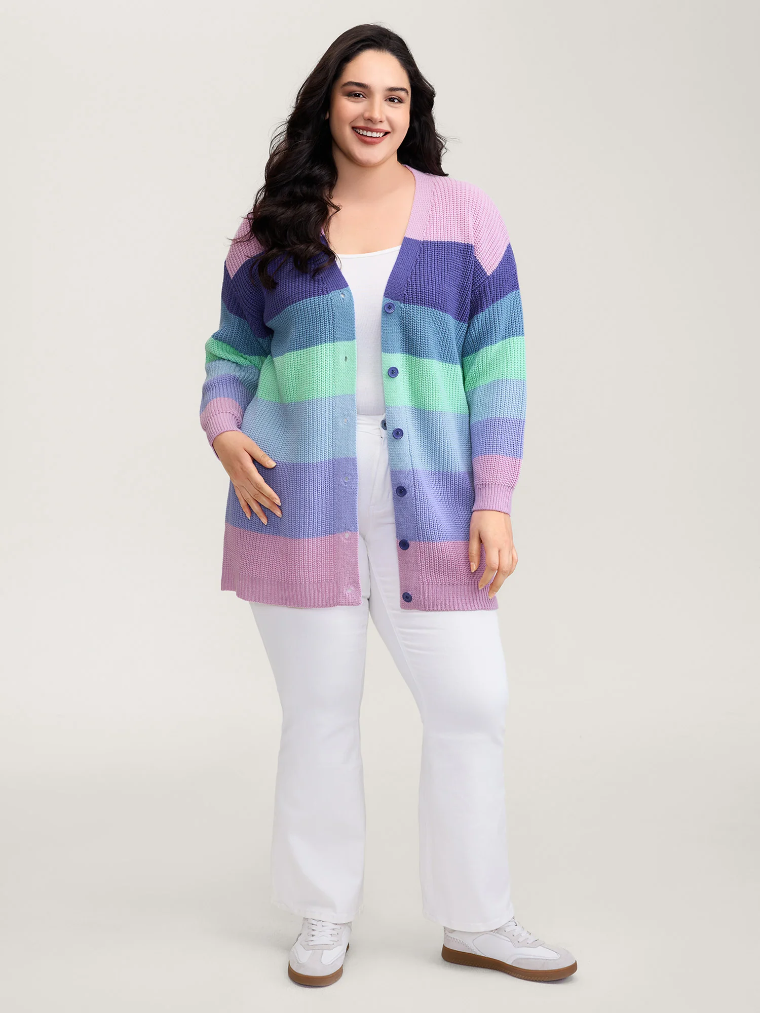 Colorblock Contrast Texture Button Cardigan - Image 3