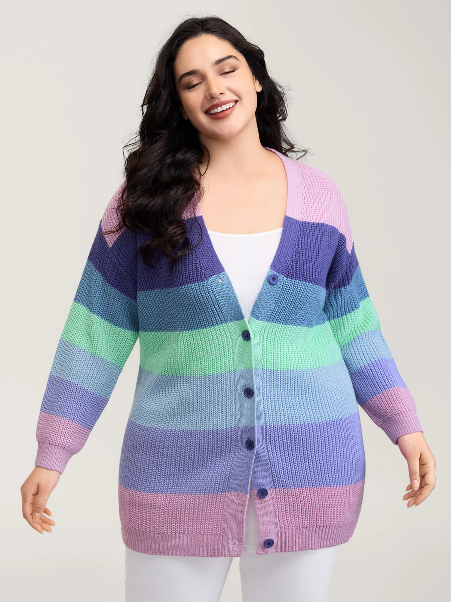 Colorblock Contrast Texture Button Cardigan - Image 4