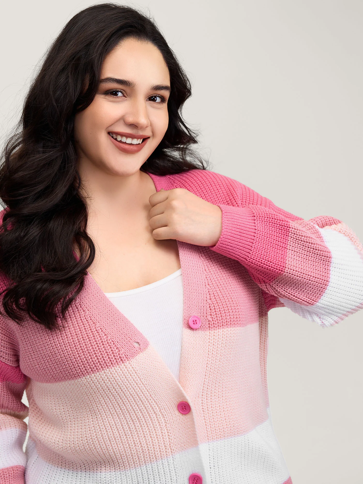 Colorblock Contrast Texture Button Cardigan - Image 7