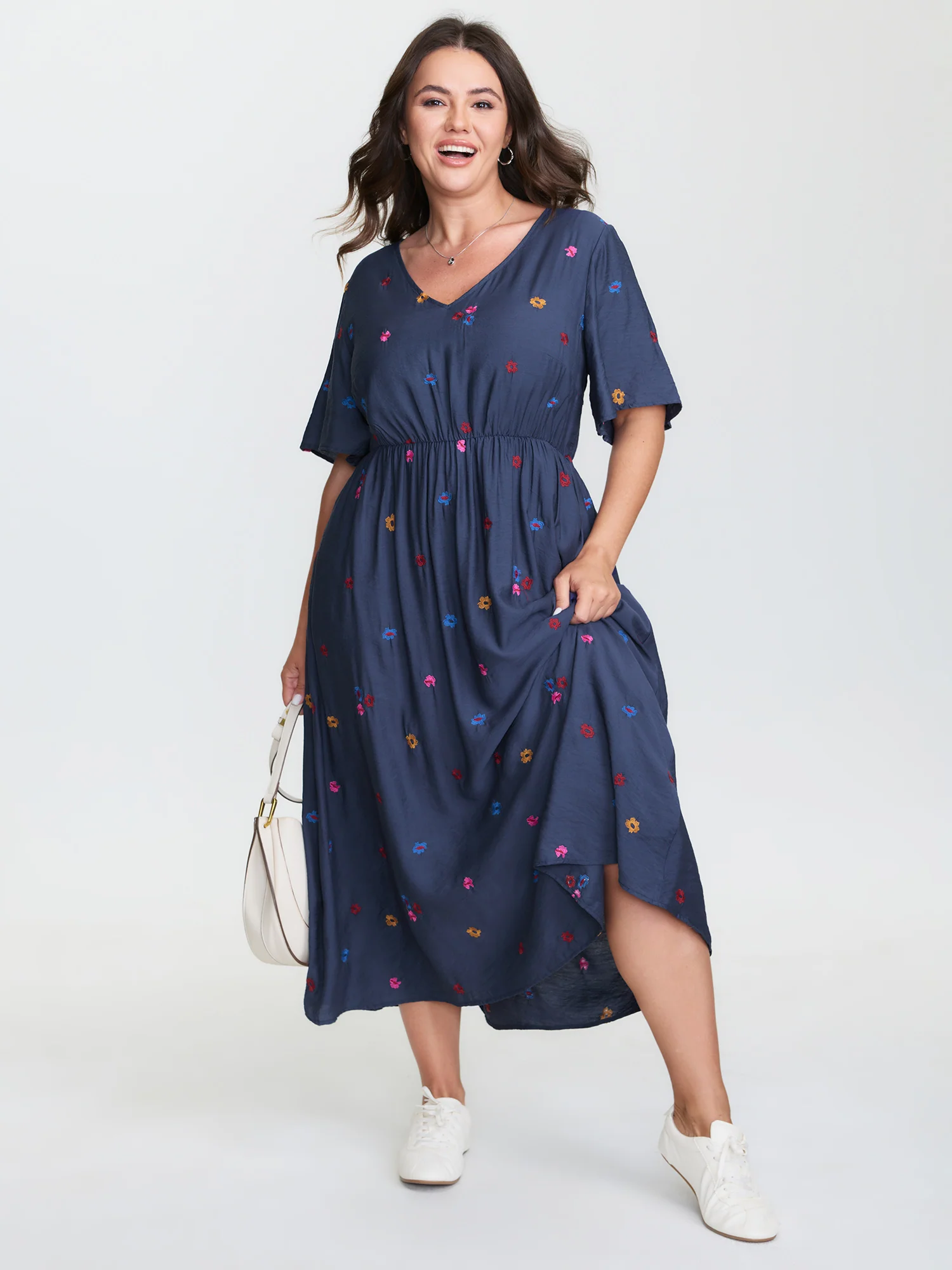 Colorful Floral Embroidery V-Neck Midi Dress
