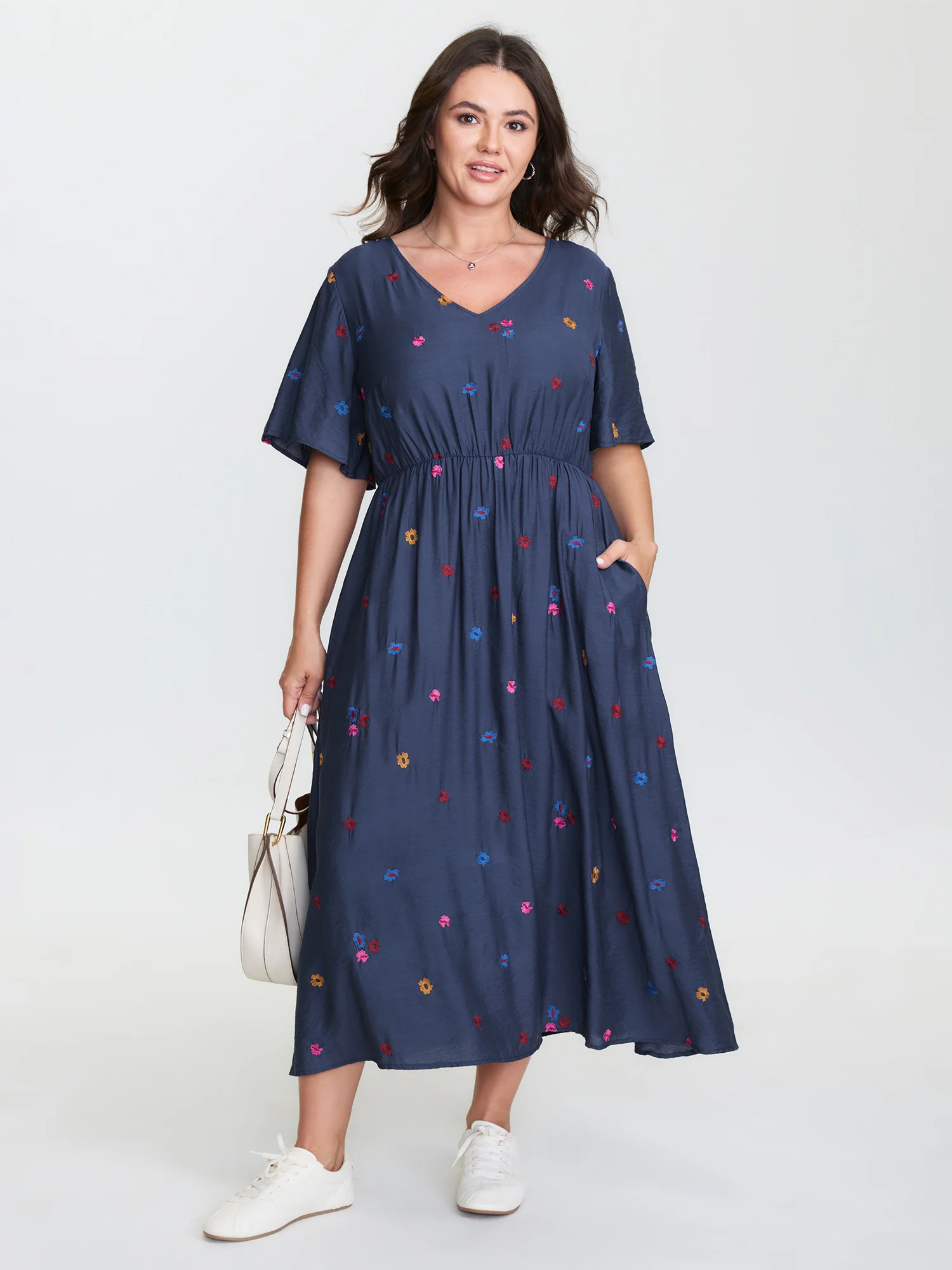 Colorful Floral Embroidery V-Neck Midi Dress - Image 3