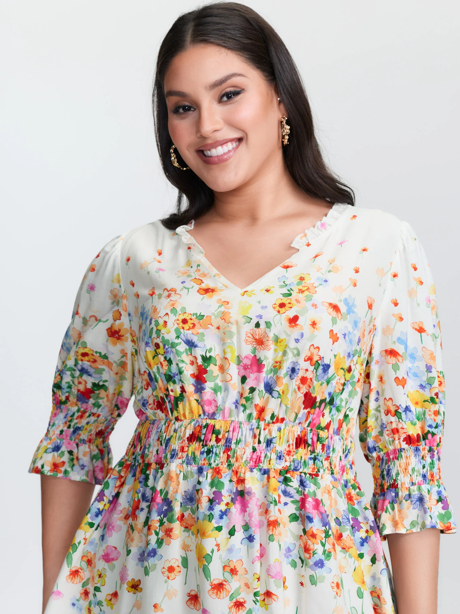 Colorful Floral Print Shirred Bodice Blouse - Image 2