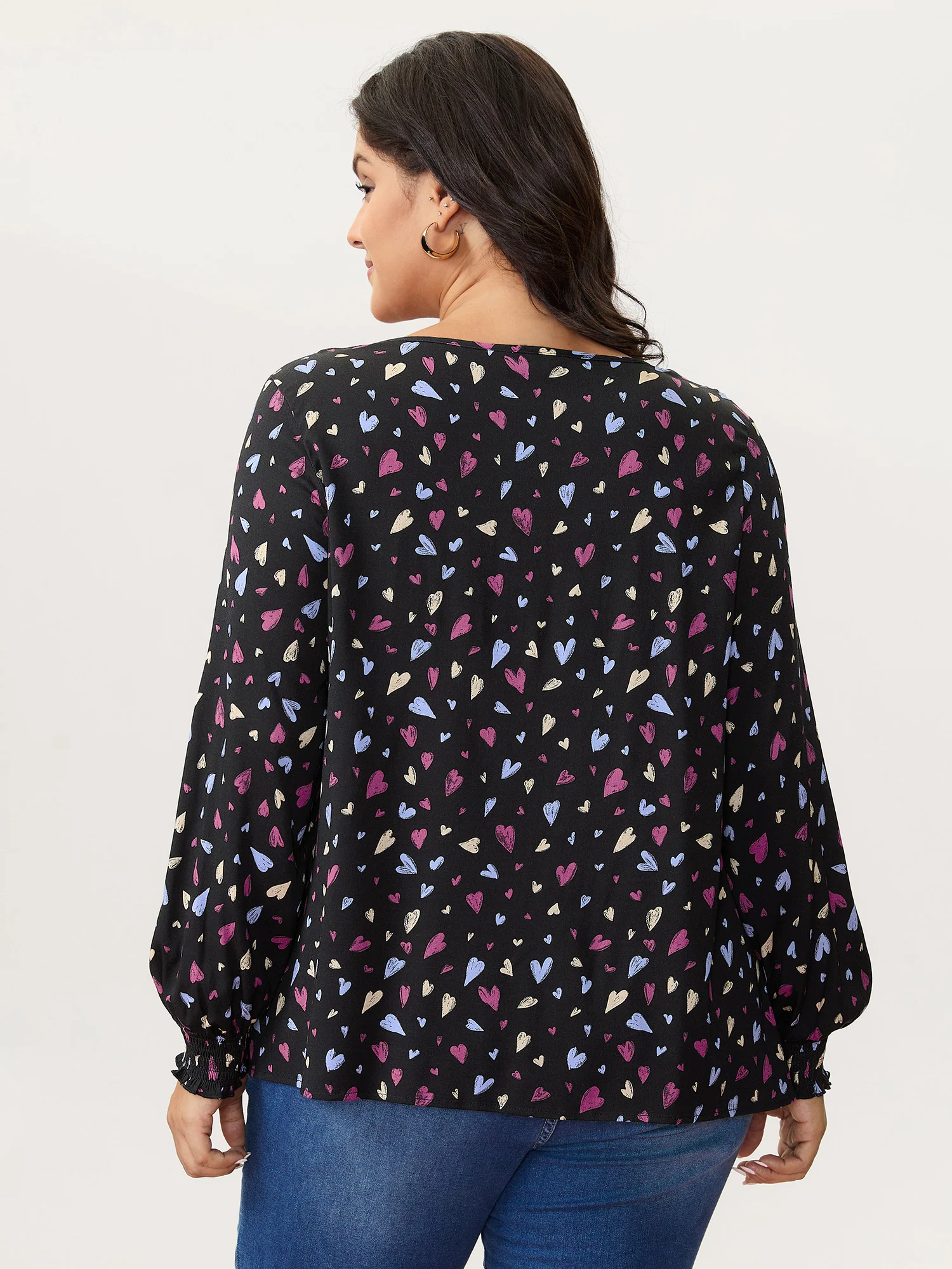 Colorful Heart Print V-Neck Blouse - Image 4