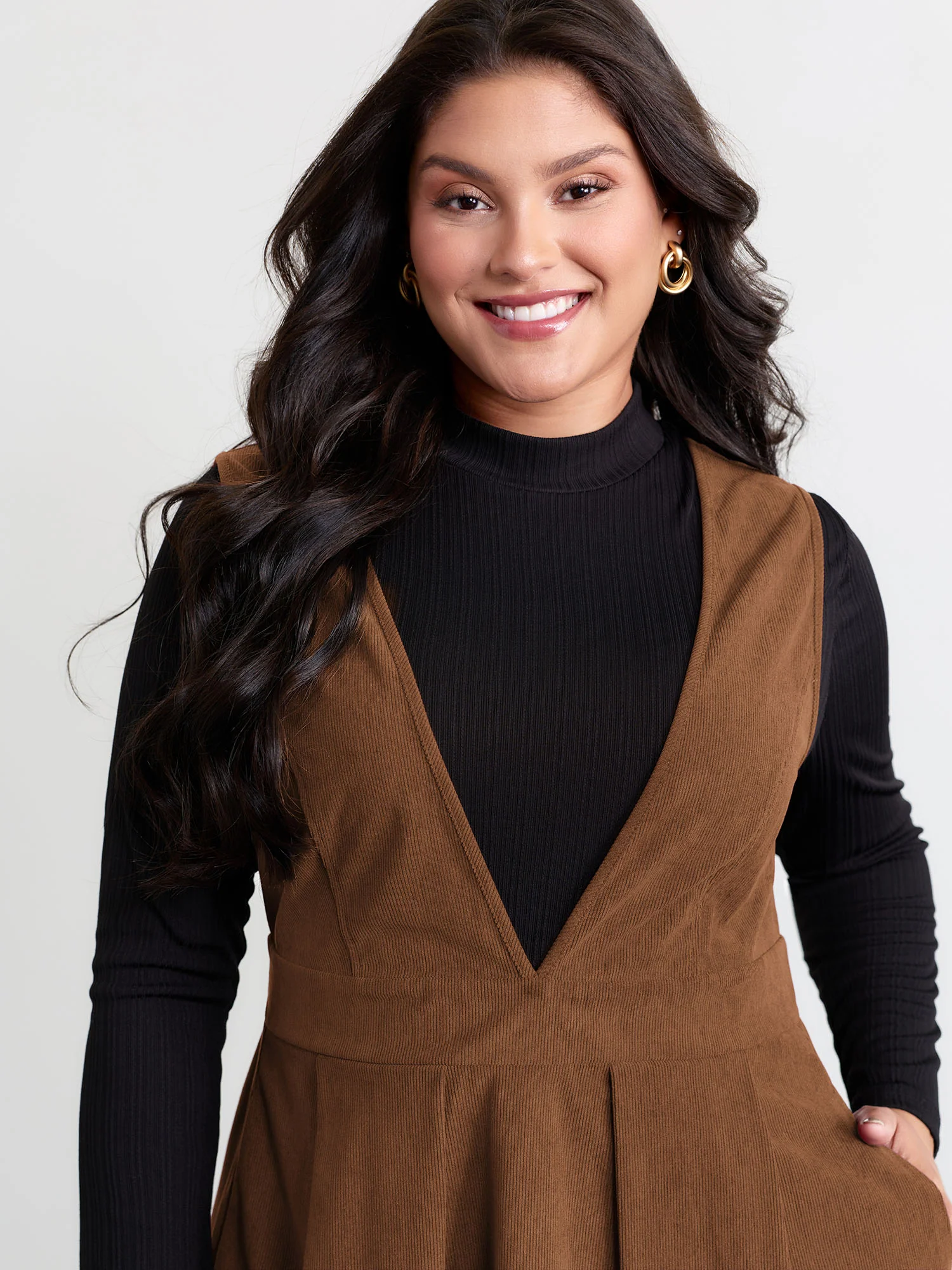 Corduroy Stretchy Waist V-Neck Mini Dress - Image 10