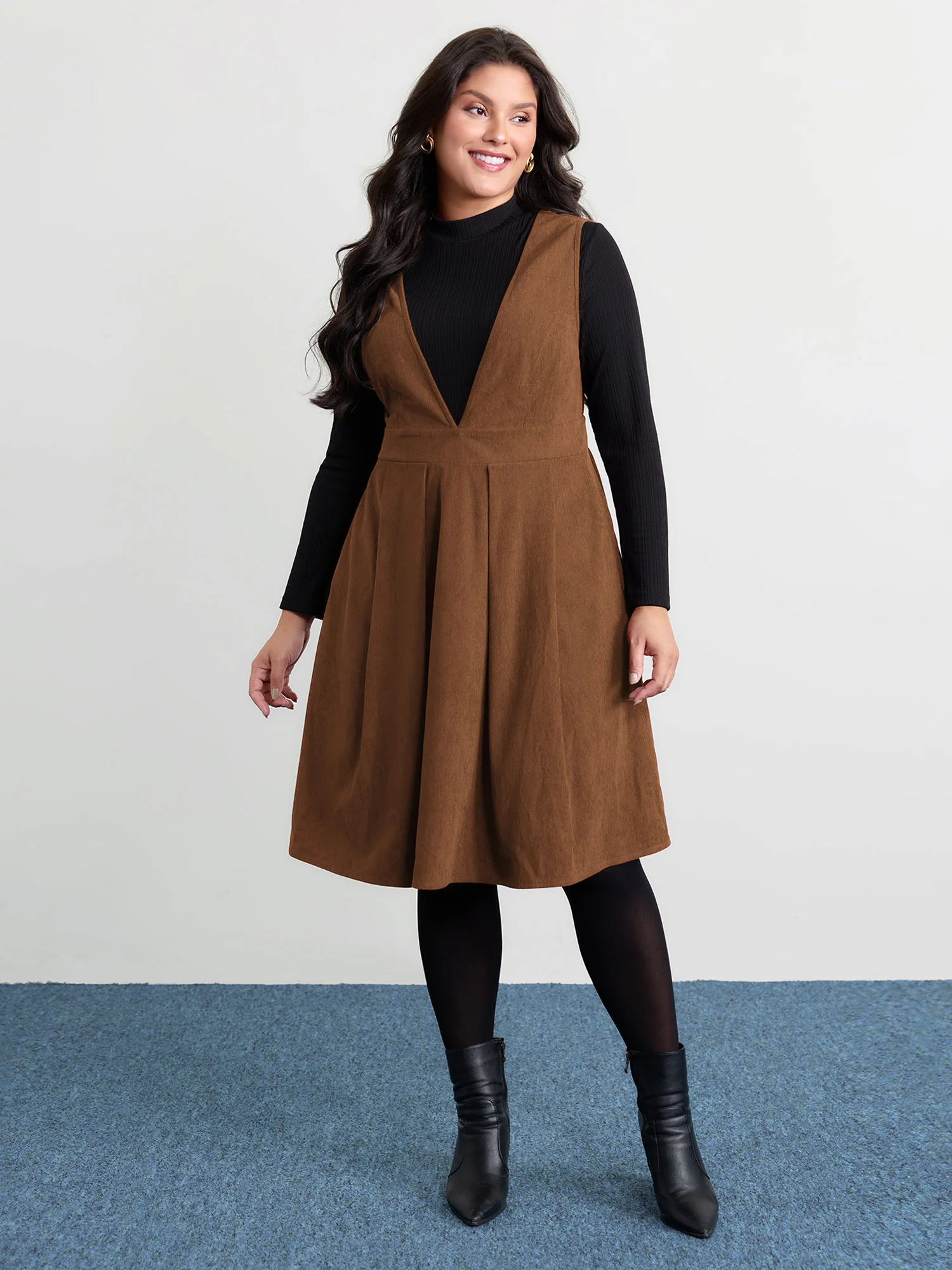 Corduroy Stretchy Waist V-Neck Mini Dress - Image 11