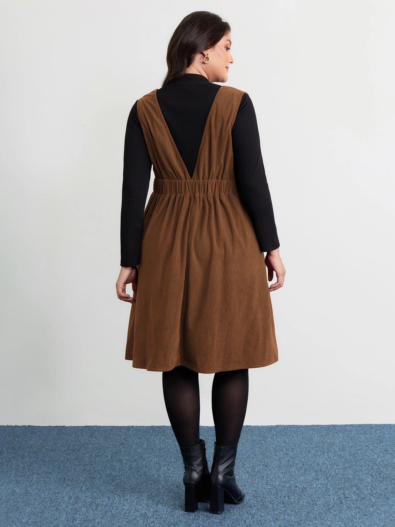 Corduroy Stretchy Waist V-Neck Mini Dress - Image 13