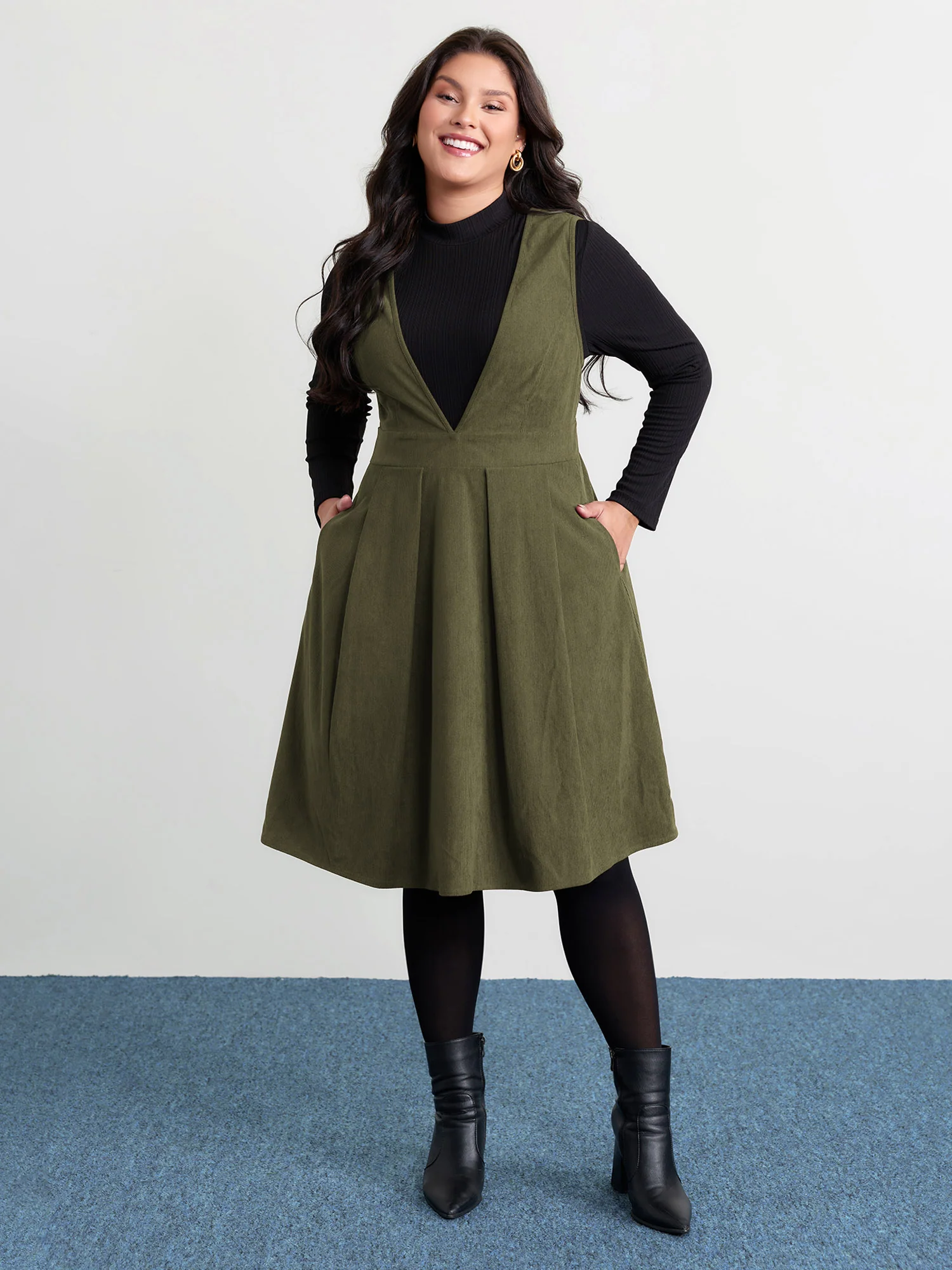 Corduroy Stretchy Waist V-Neck Mini Dress - Image 14