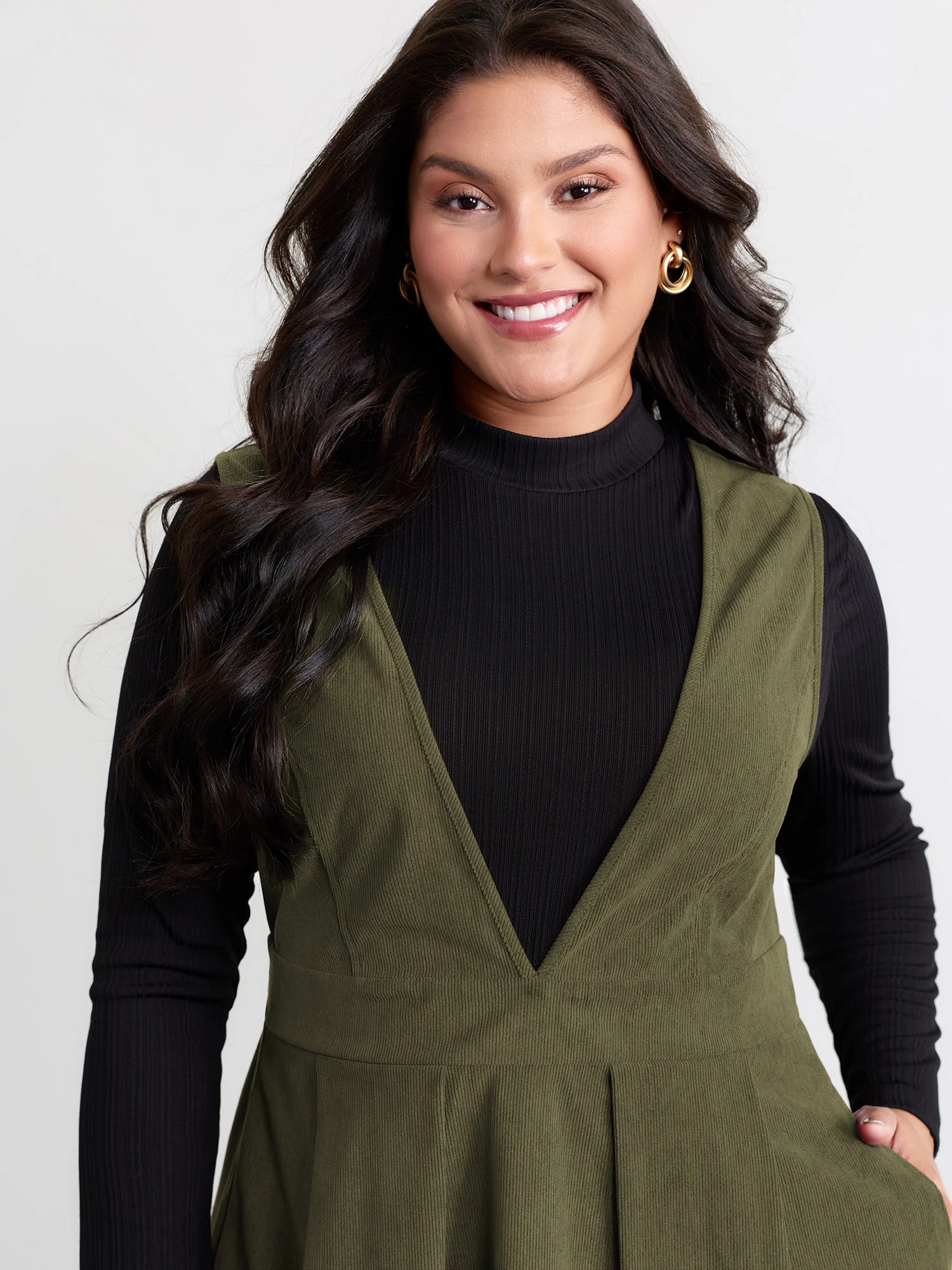 Corduroy Stretchy Waist V-Neck Mini Dress - Image 15