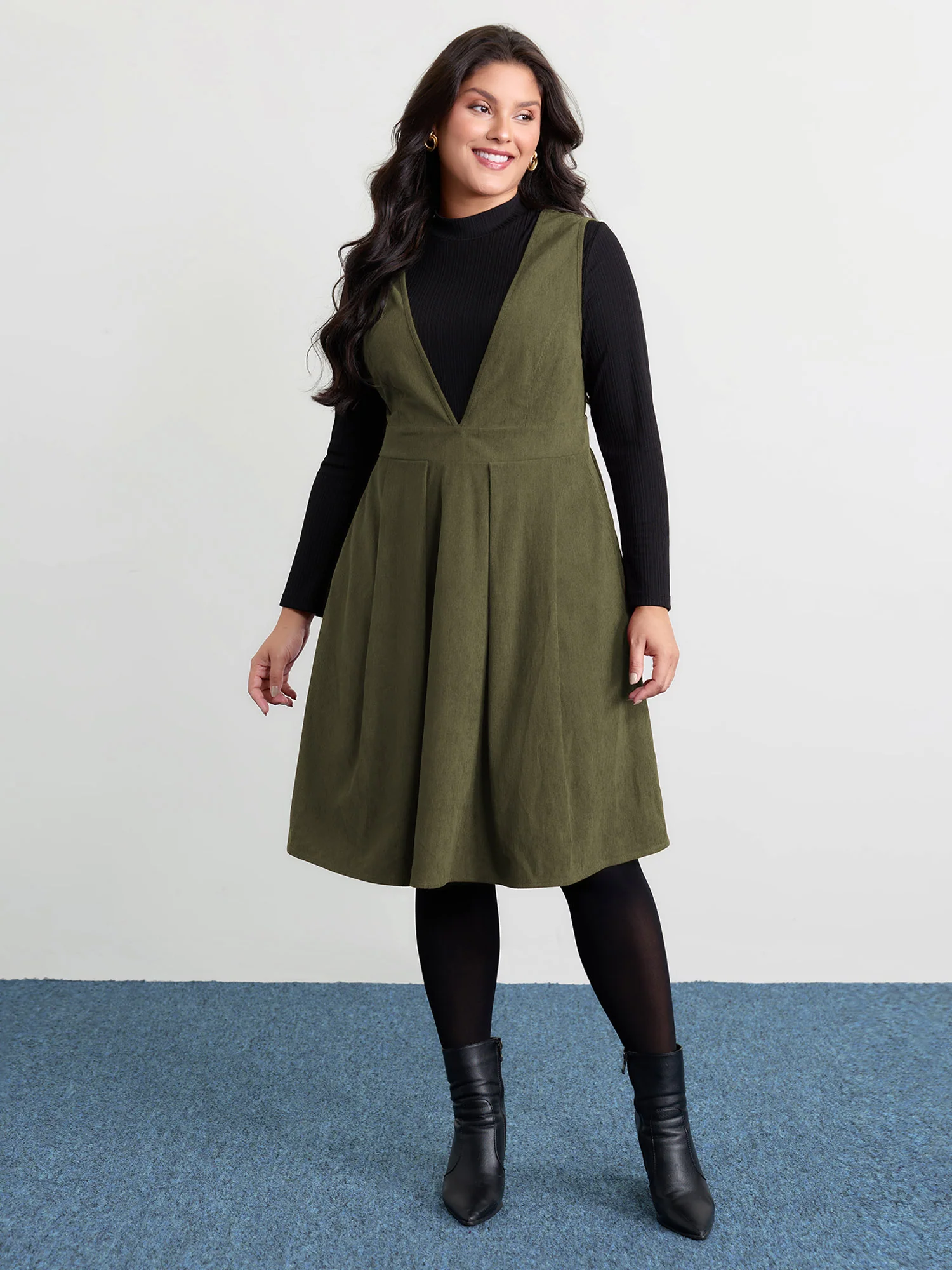 Corduroy Stretchy Waist V-Neck Mini Dress - Image 16
