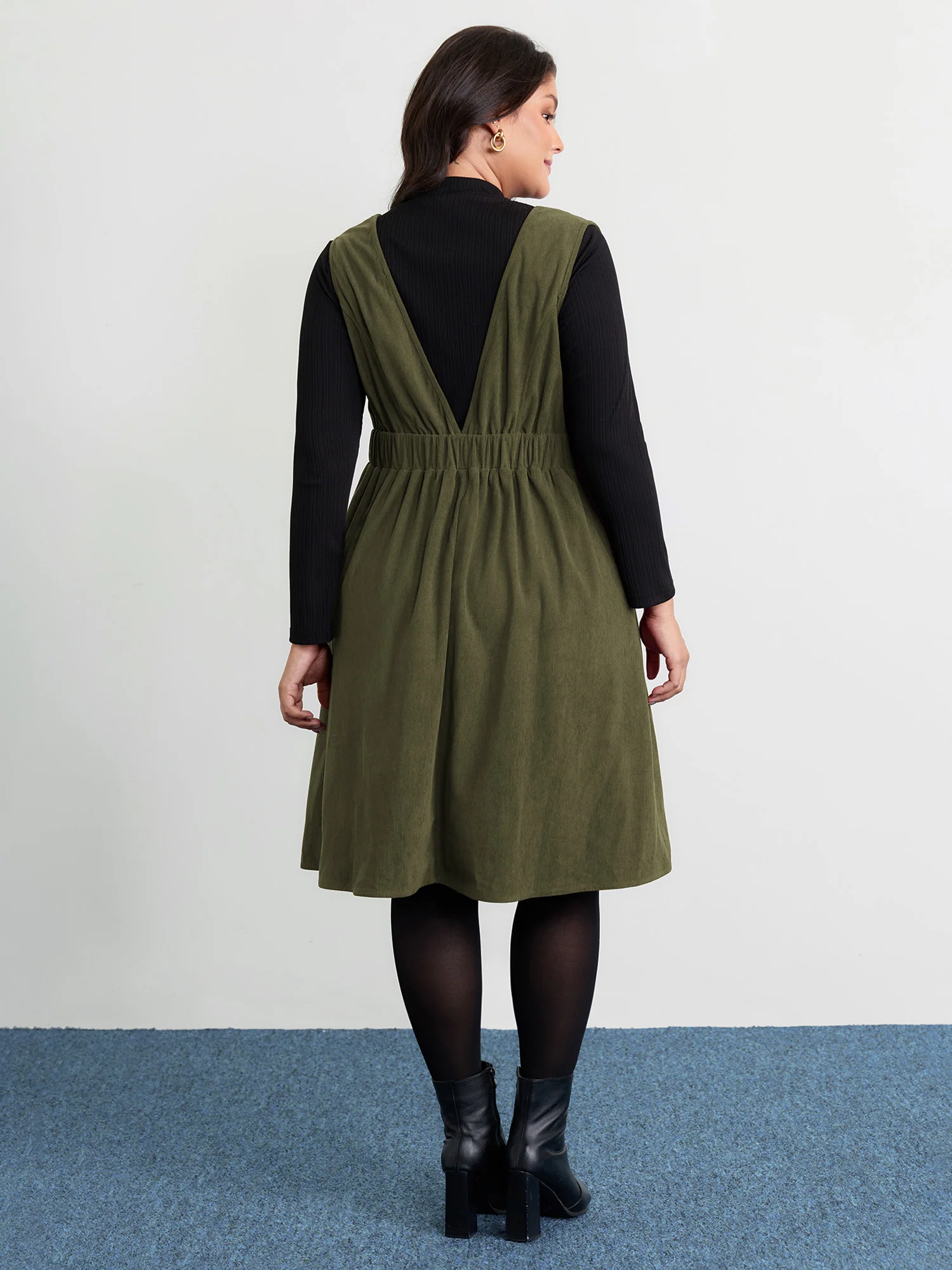 Corduroy Stretchy Waist V-Neck Mini Dress - Image 18