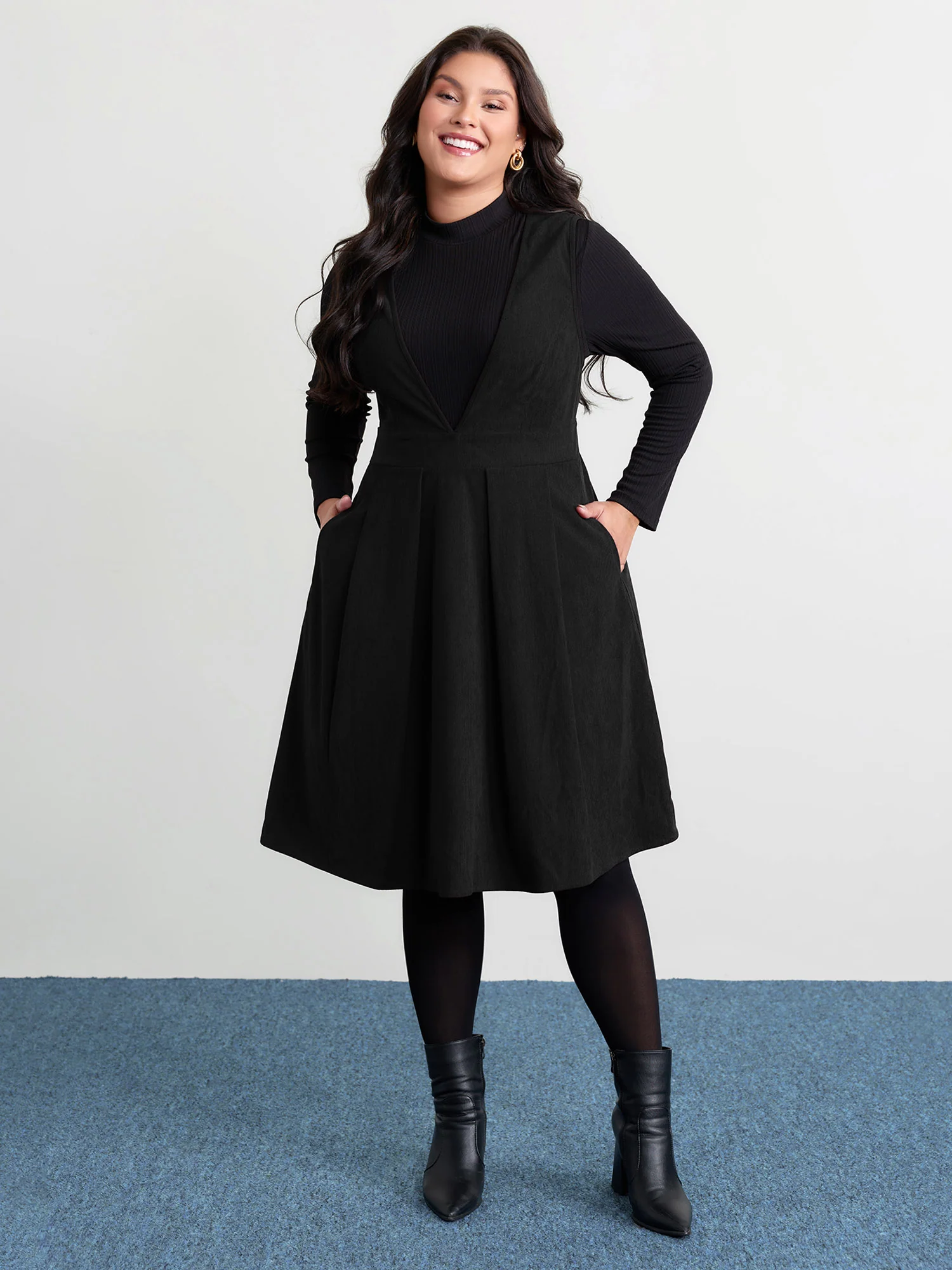 Corduroy Stretchy Waist V-Neck Mini Dress - Image 19