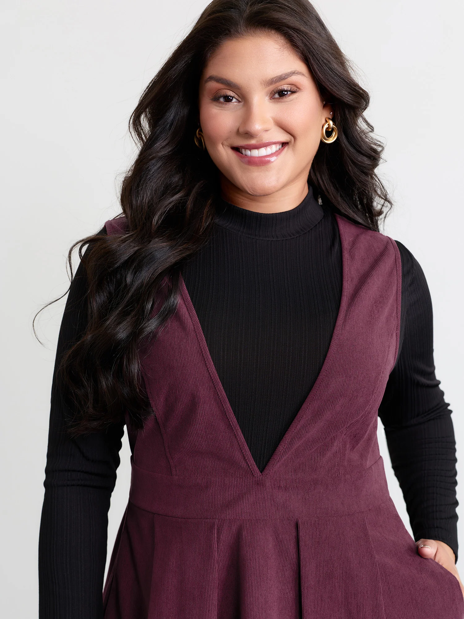 Corduroy Stretchy Waist V-Neck Mini Dress - Image 2