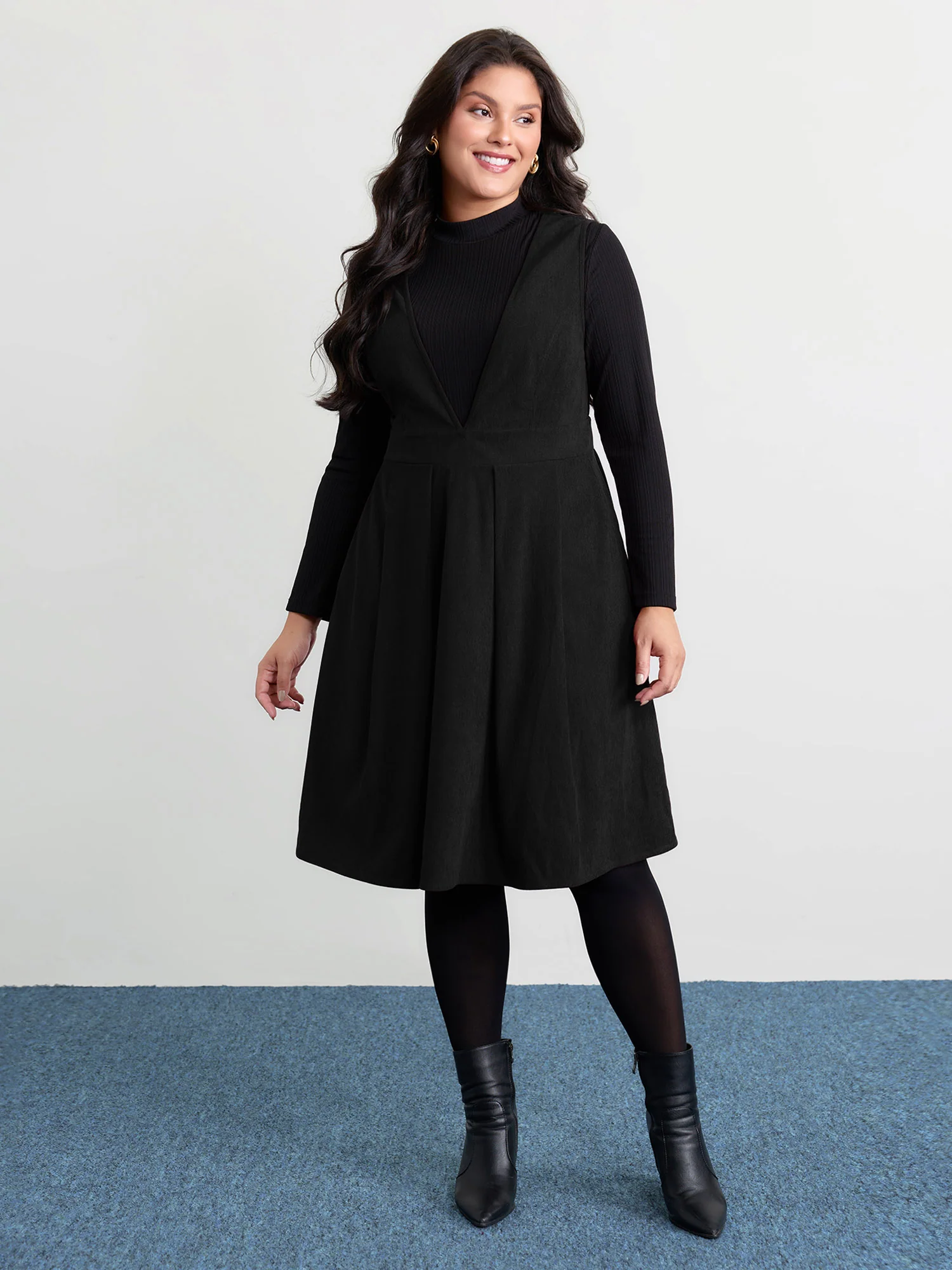 Corduroy Stretchy Waist V-Neck Mini Dress - Image 21