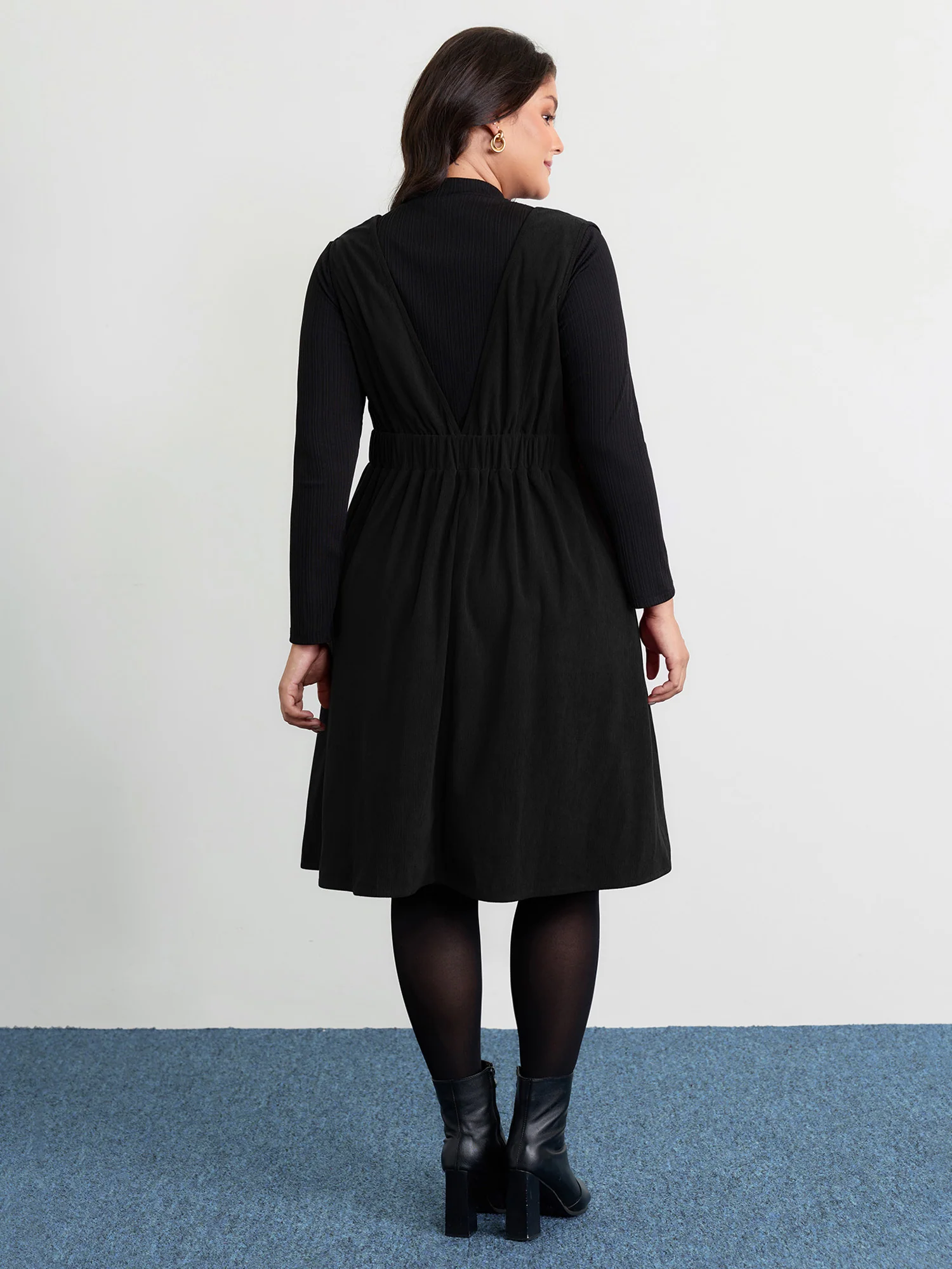Corduroy Stretchy Waist V-Neck Mini Dress - Image 23