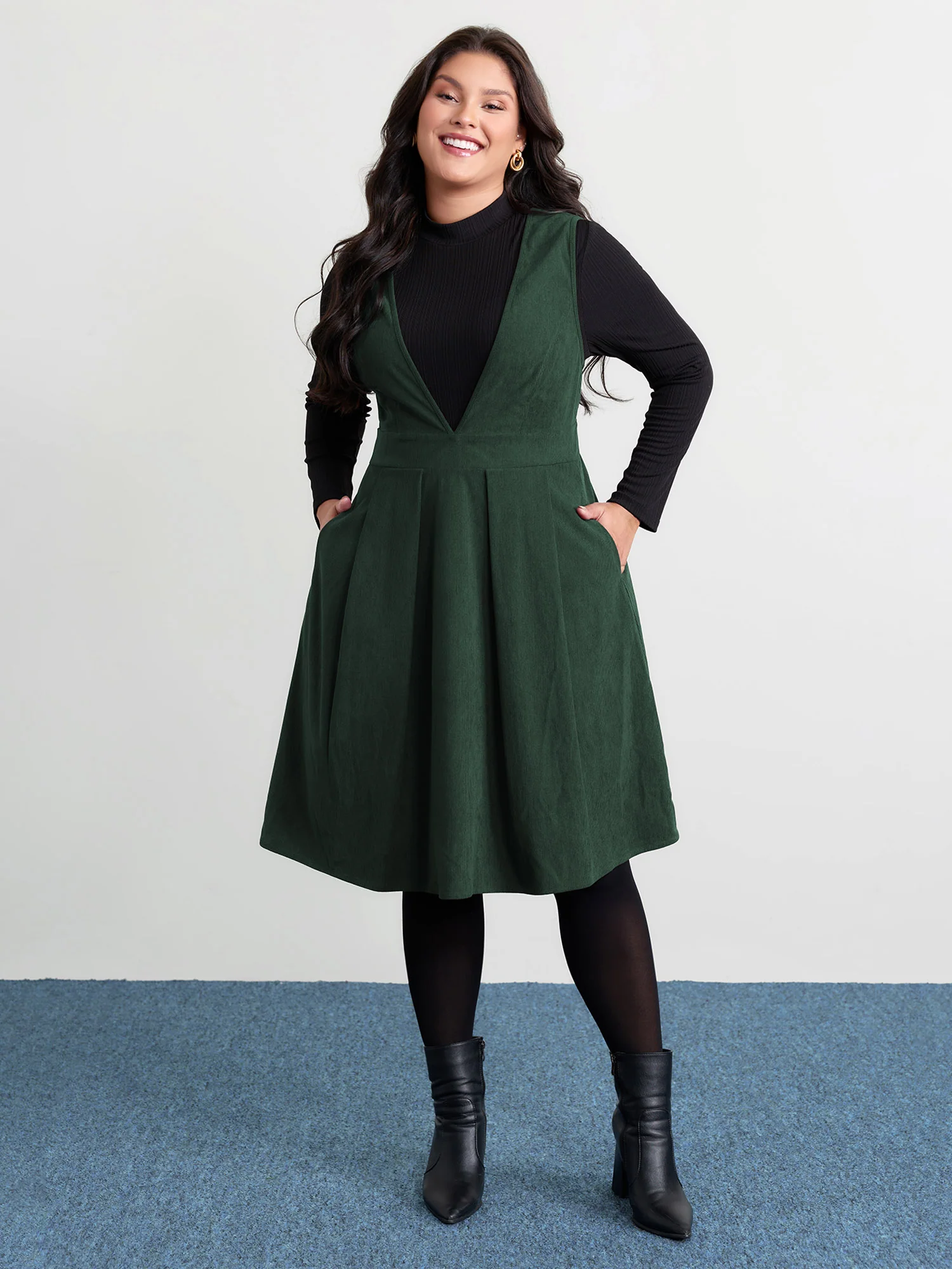 Corduroy Stretchy Waist V-Neck Mini Dress - Image 24