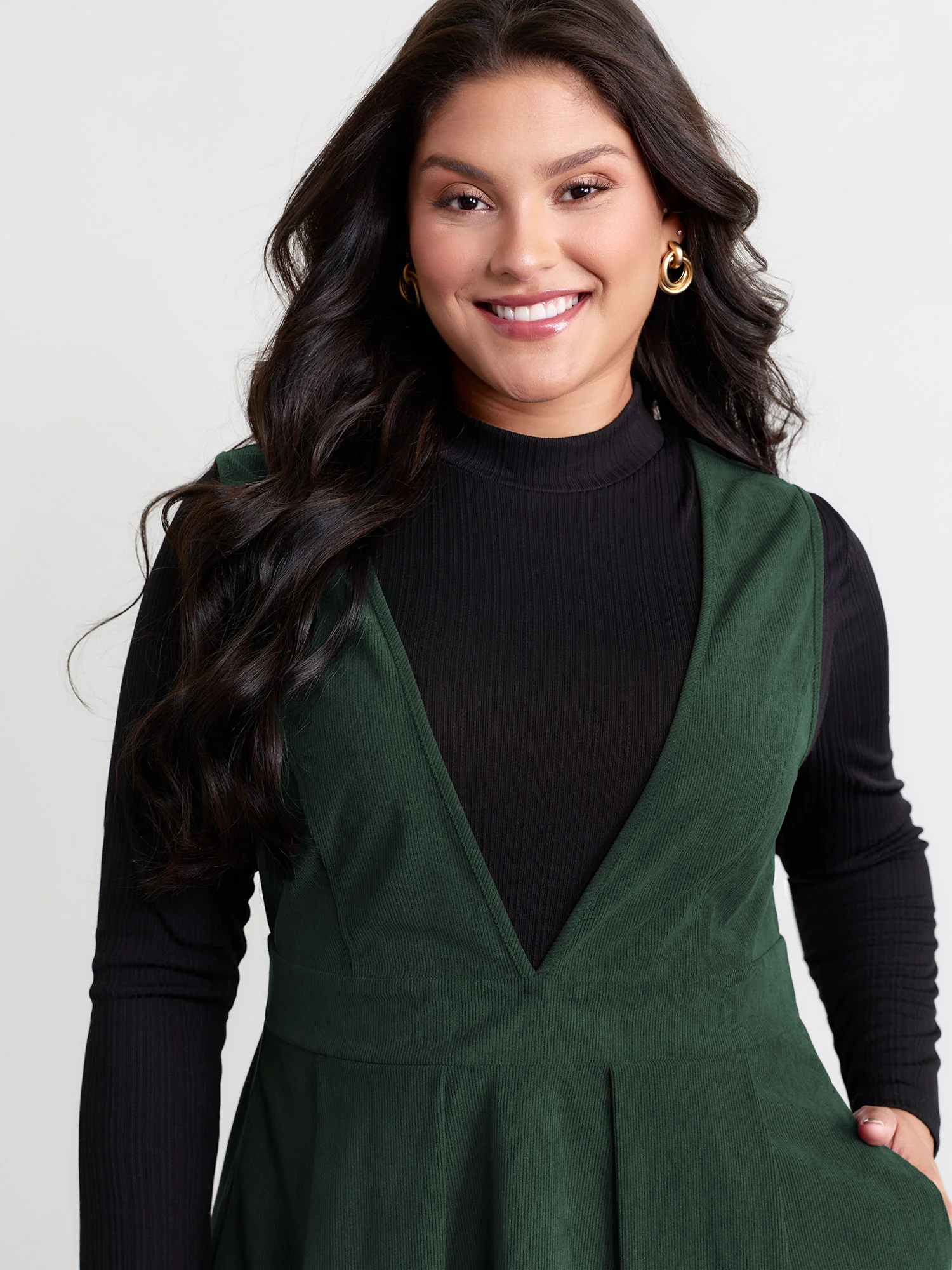 Corduroy Stretchy Waist V-Neck Mini Dress - Image 25