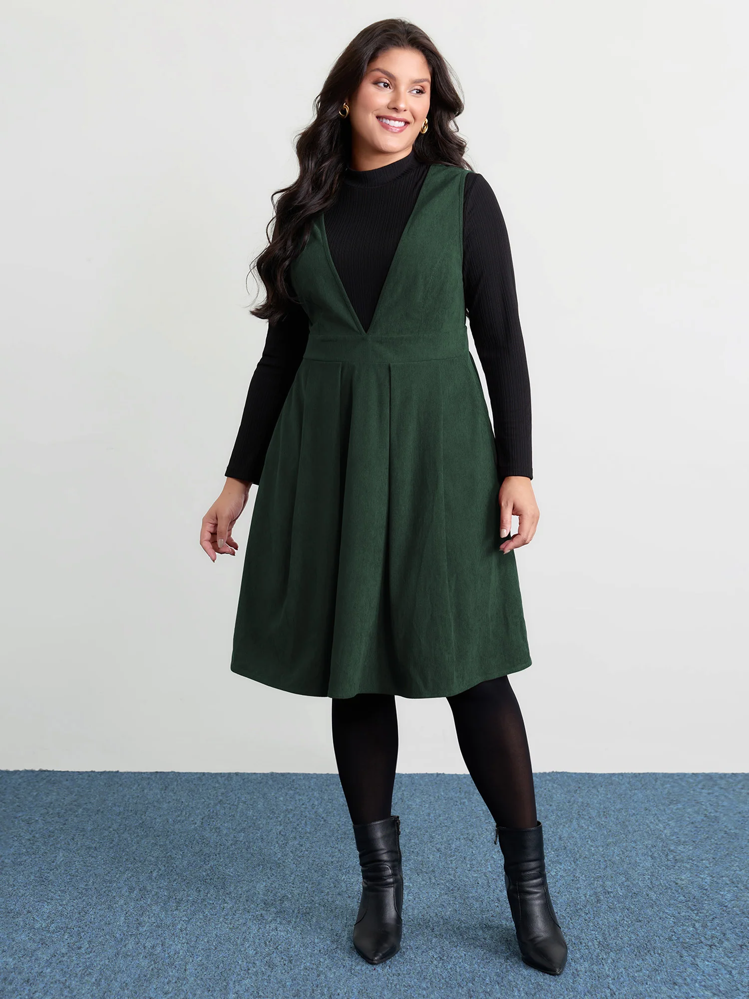 Corduroy Stretchy Waist V-Neck Mini Dress - Image 26