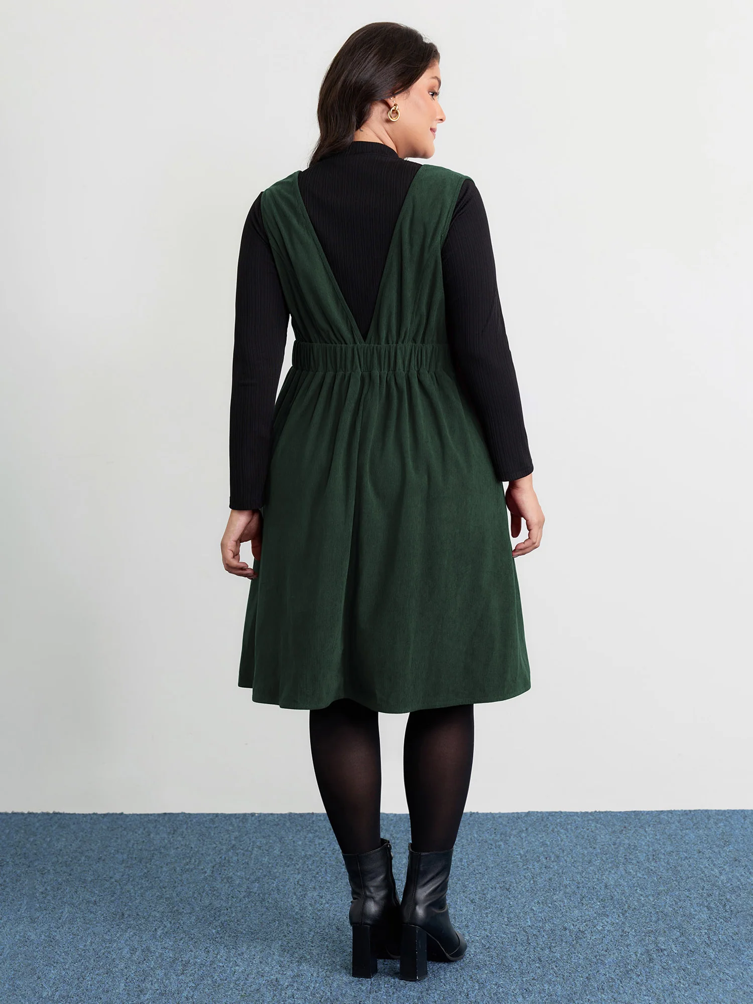 Corduroy Stretchy Waist V-Neck Mini Dress - Image 28