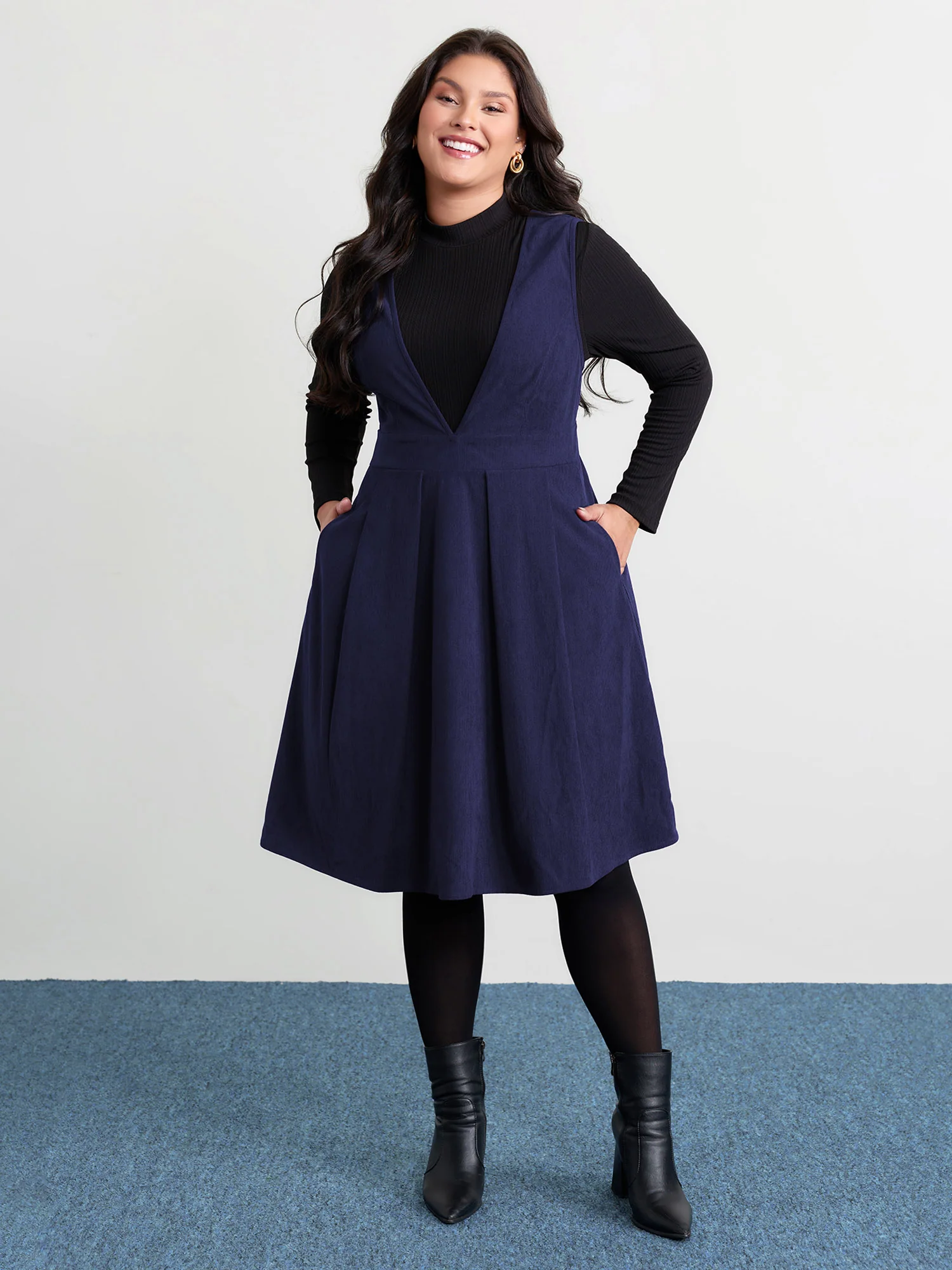 Corduroy Stretchy Waist V-Neck Mini Dress - Image 29