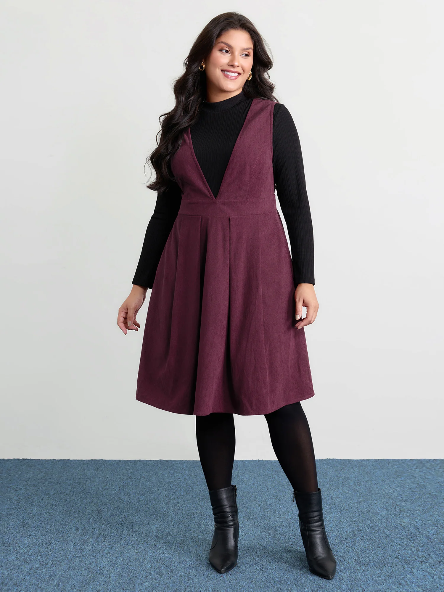 Corduroy Stretchy Waist V-Neck Mini Dress - Image 3