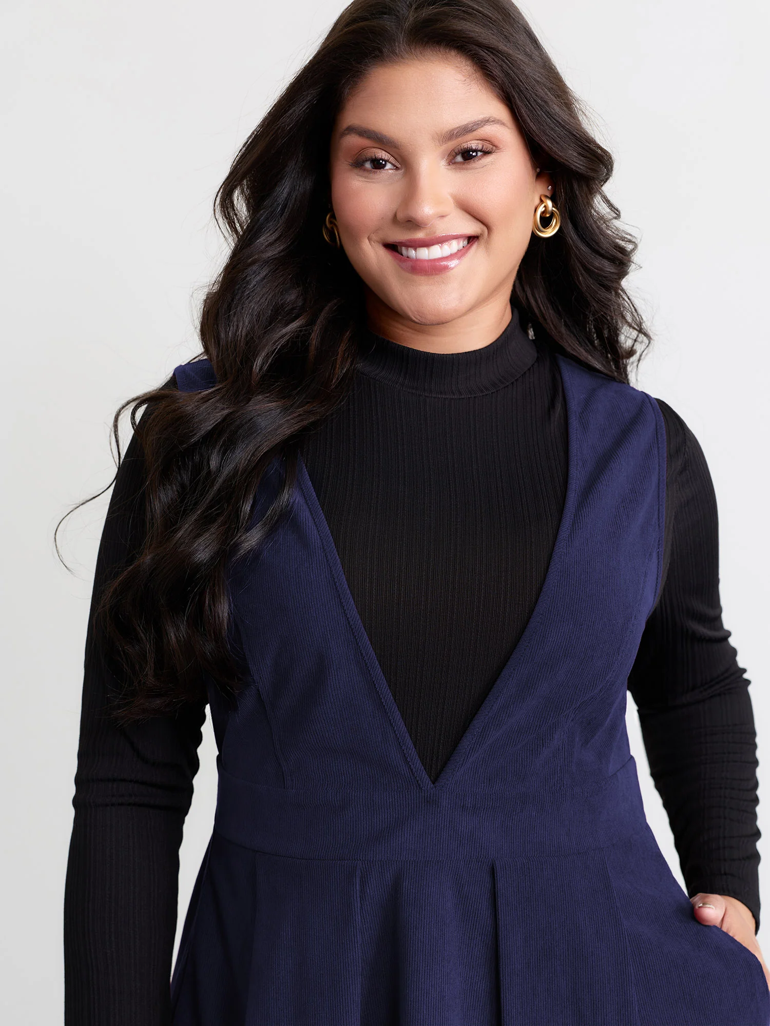 Corduroy Stretchy Waist V-Neck Mini Dress - Image 30