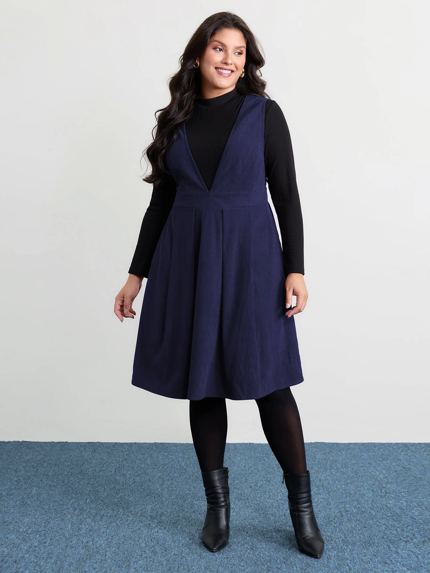 Corduroy Stretchy Waist V-Neck Mini Dress - Image 31