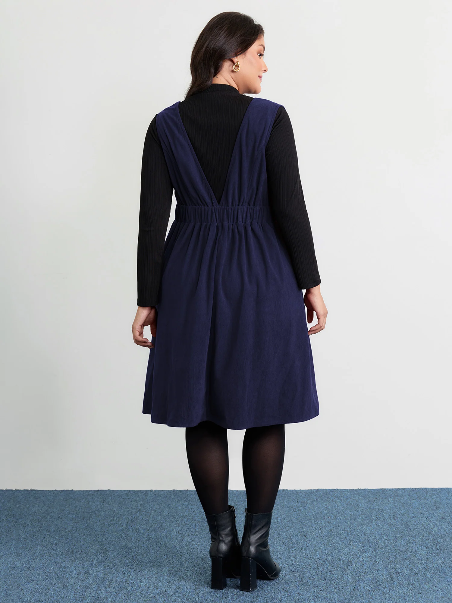 Corduroy Stretchy Waist V-Neck Mini Dress - Image 33
