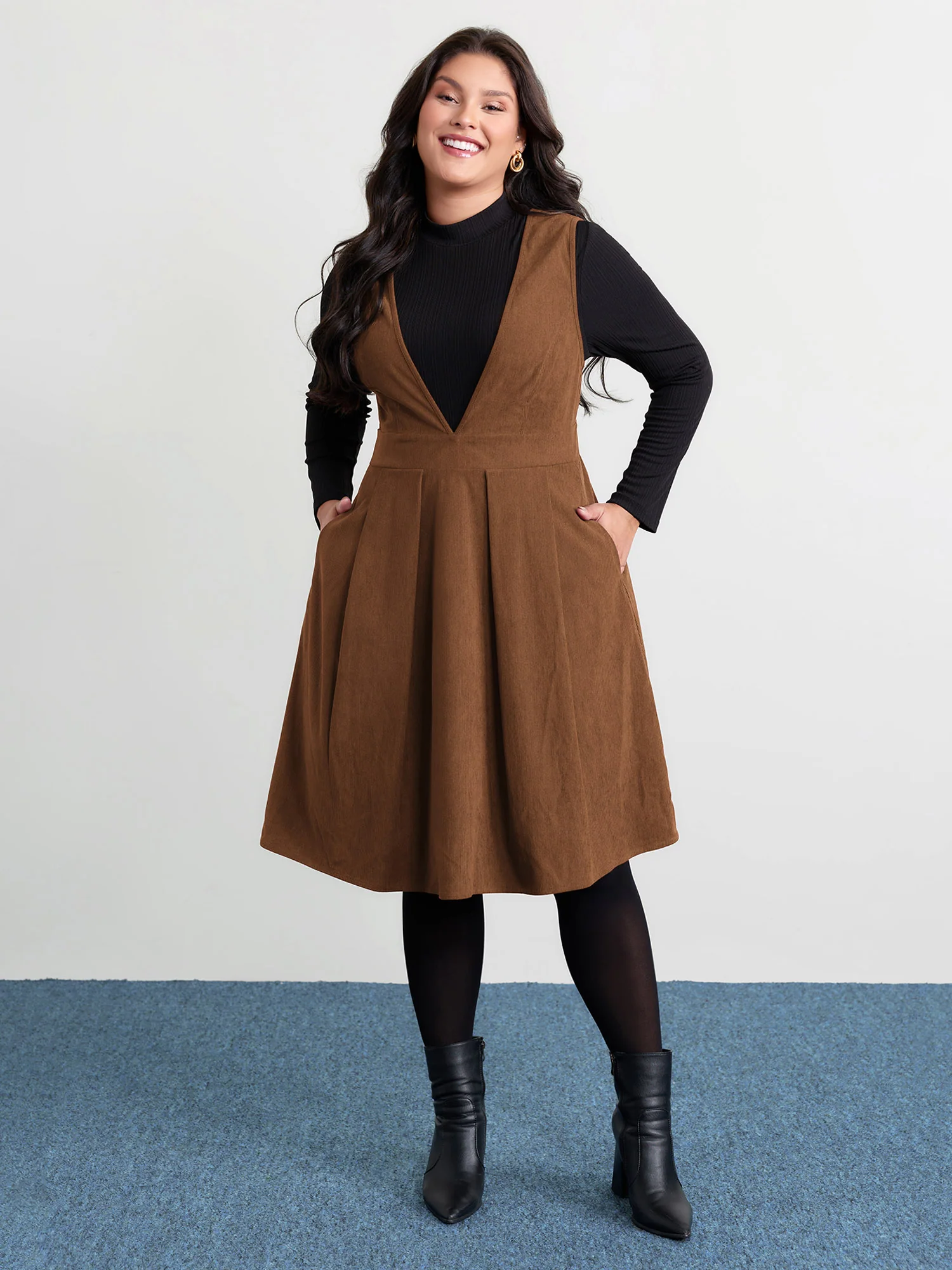 Corduroy Stretchy Waist V-Neck Mini Dress - Image 9