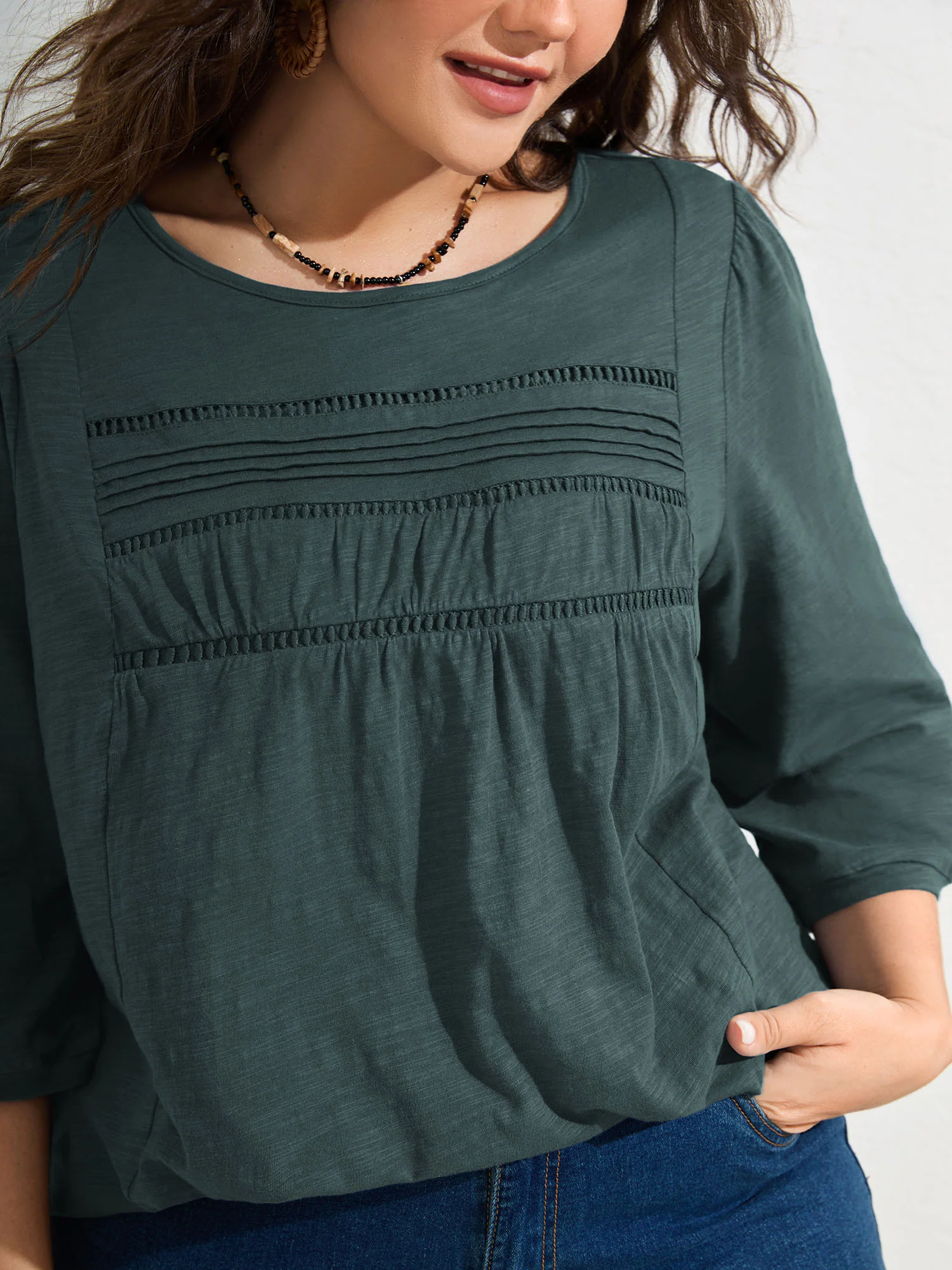 Cotton Lace Spliced Plain Knit Top - Image 5