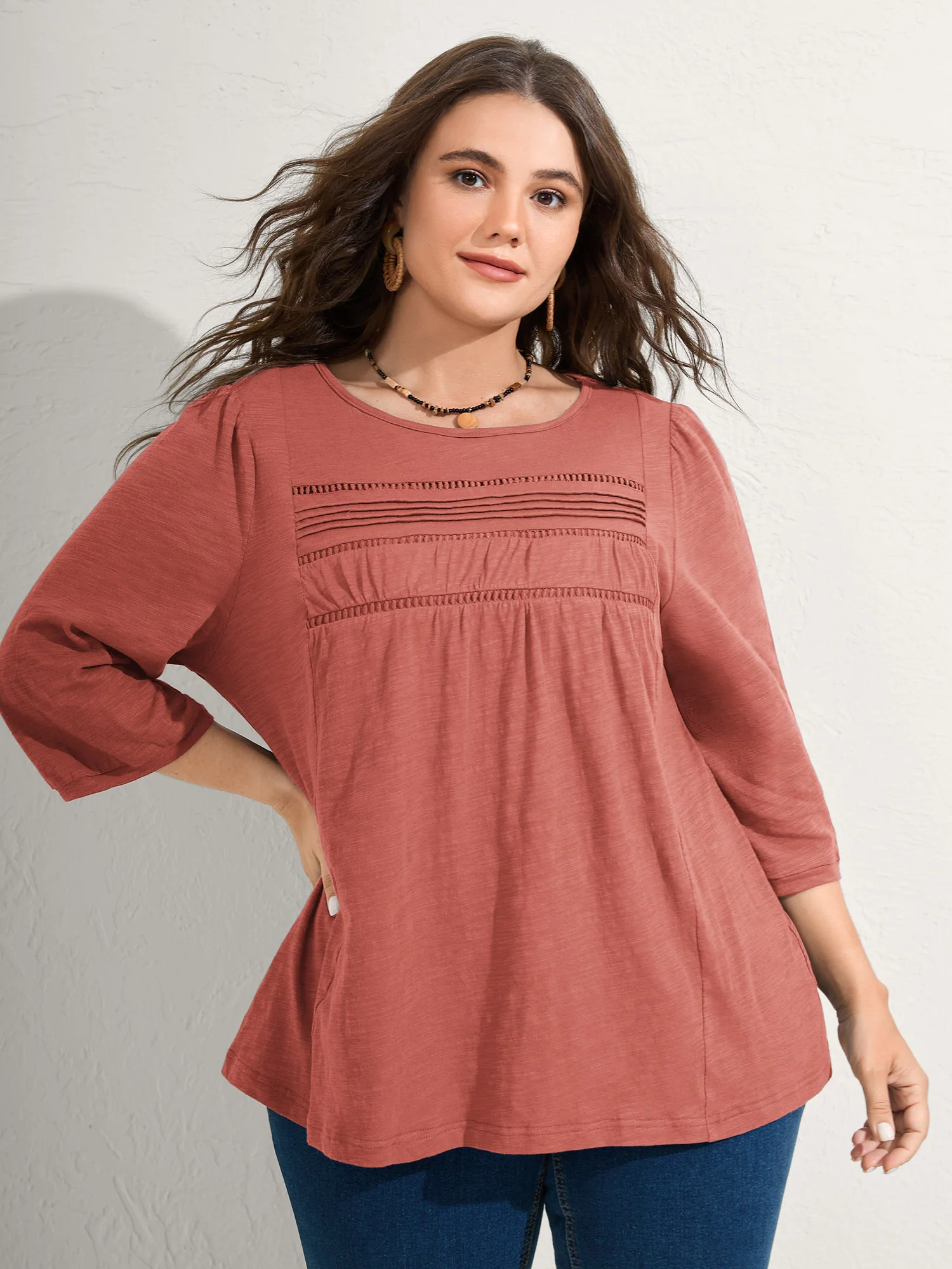 Cotton Lace Spliced Plain Knit Top - Image 7