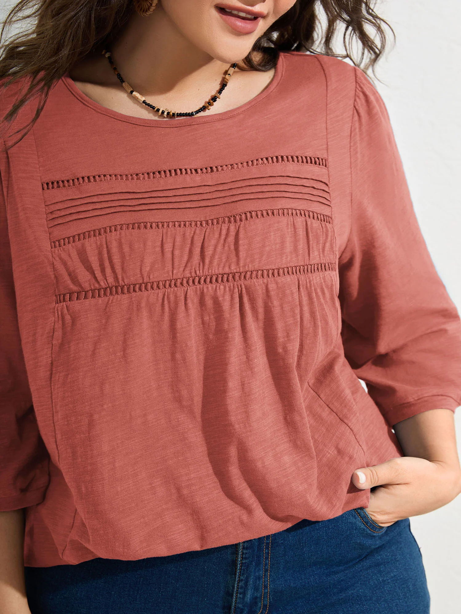 Cotton Lace Spliced Plain Knit Top - Image 9
