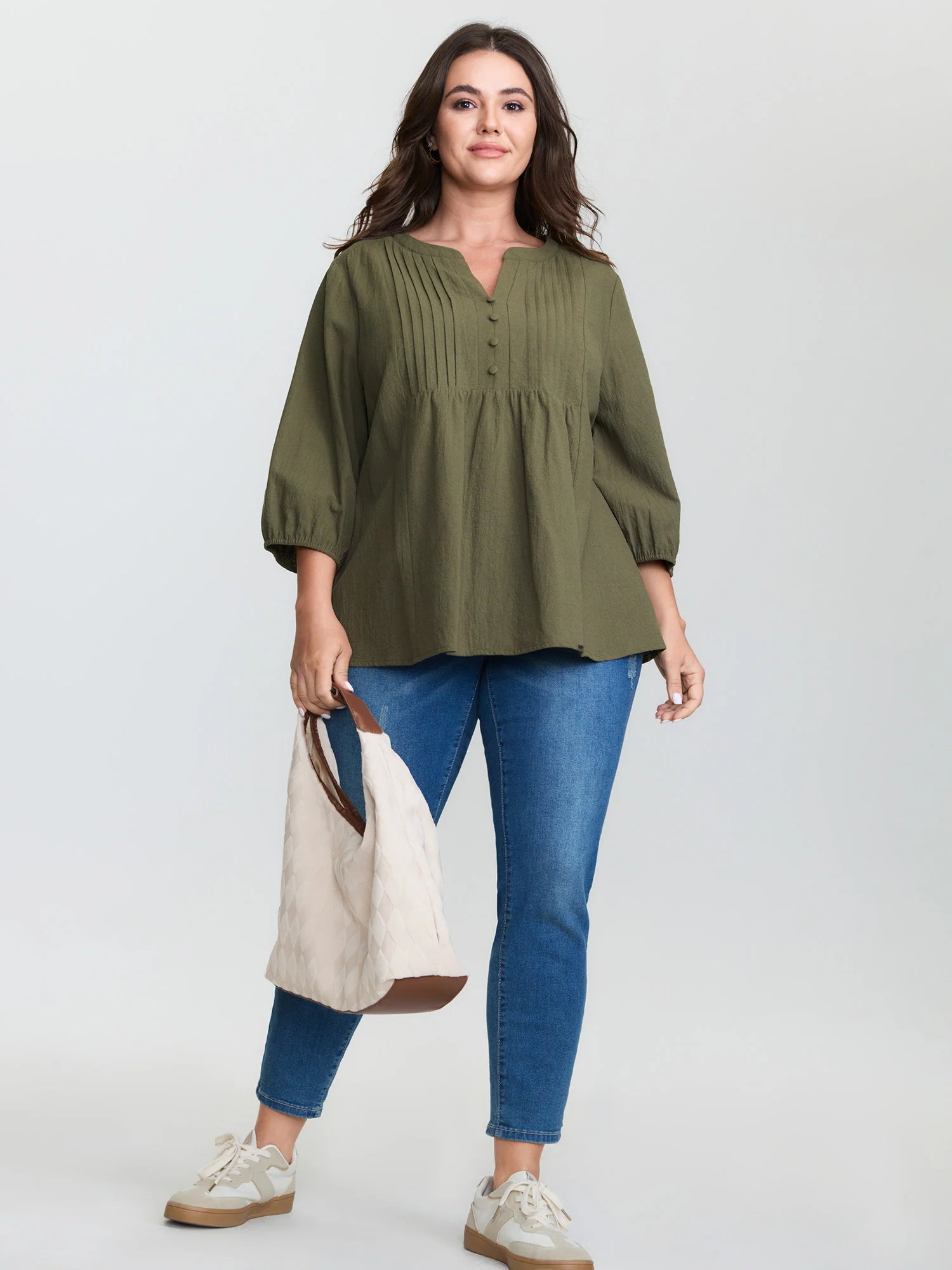 Cotton Toothpick Pleat Notched Collar Blouse - Image 3