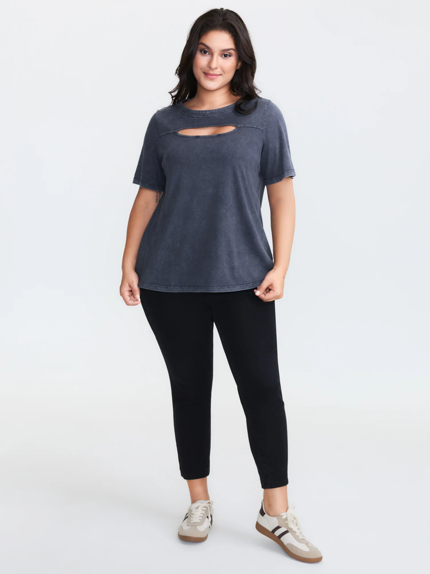 Cotton Vintage Wash Neck Cut-Out T-Shirt - Image 3