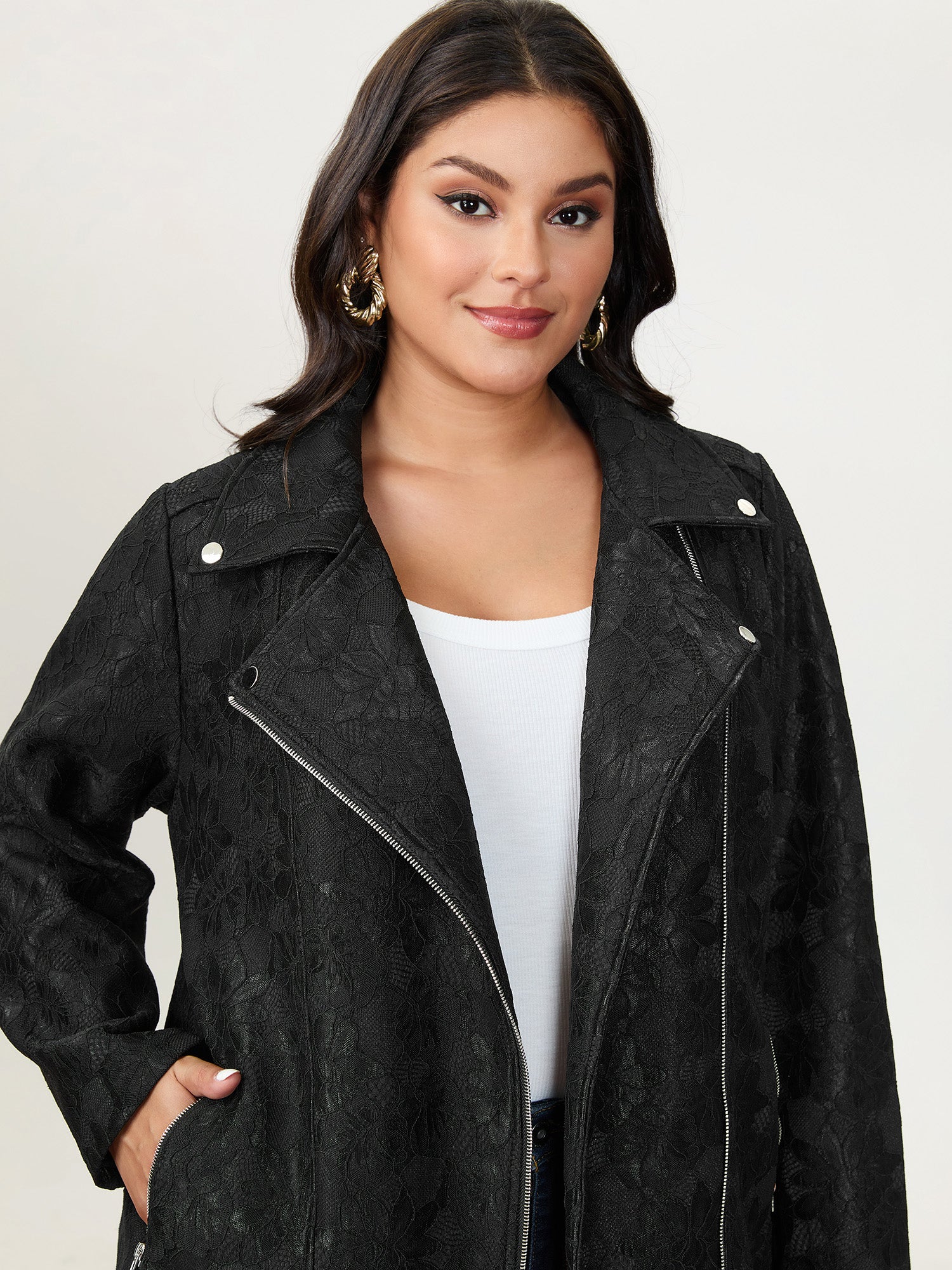 Lace Mesh Pocket Zipper Coat - Image 3