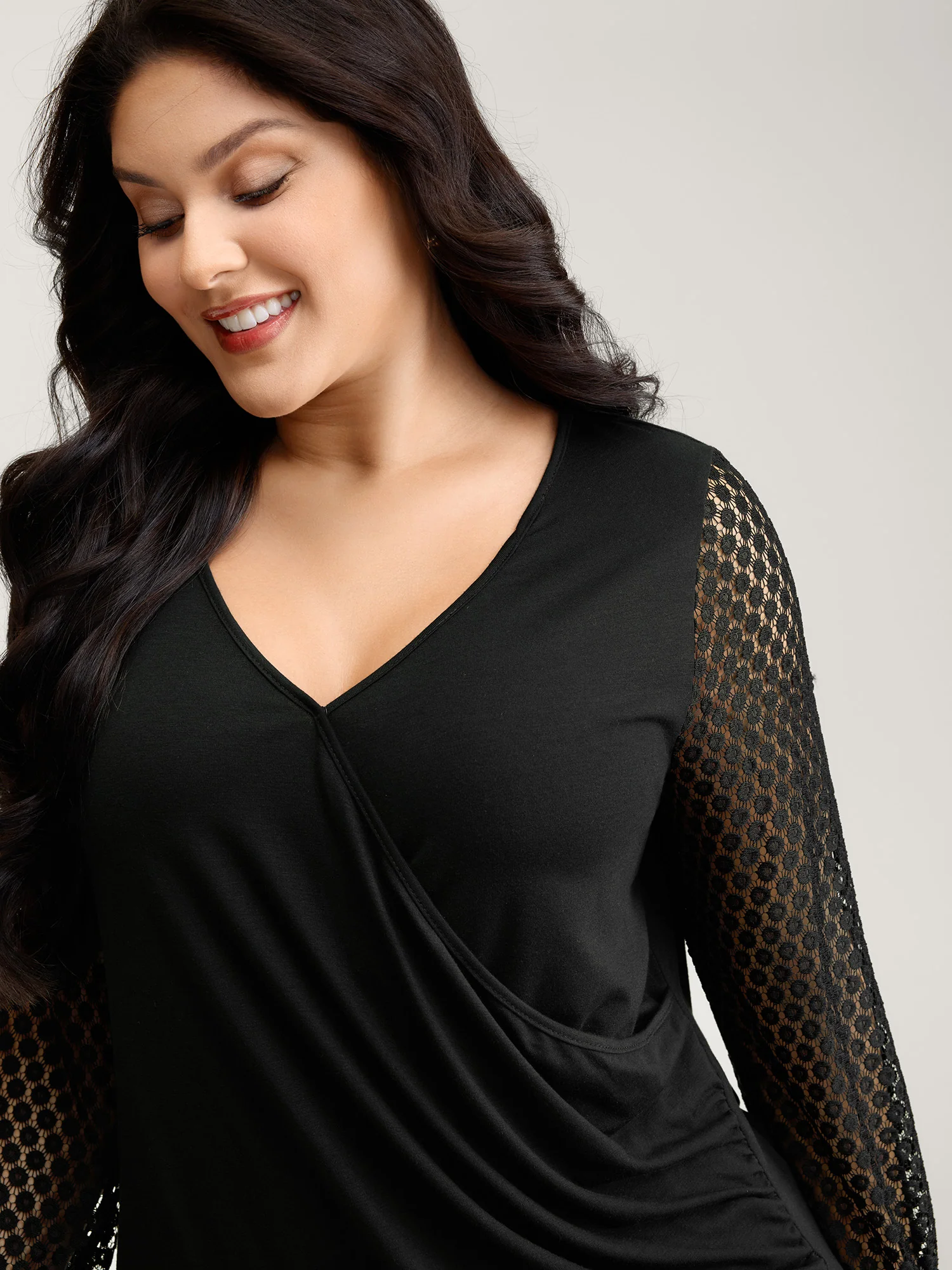 Crossover Draped Lace Sheer Sleeve Knit Top - Image 2
