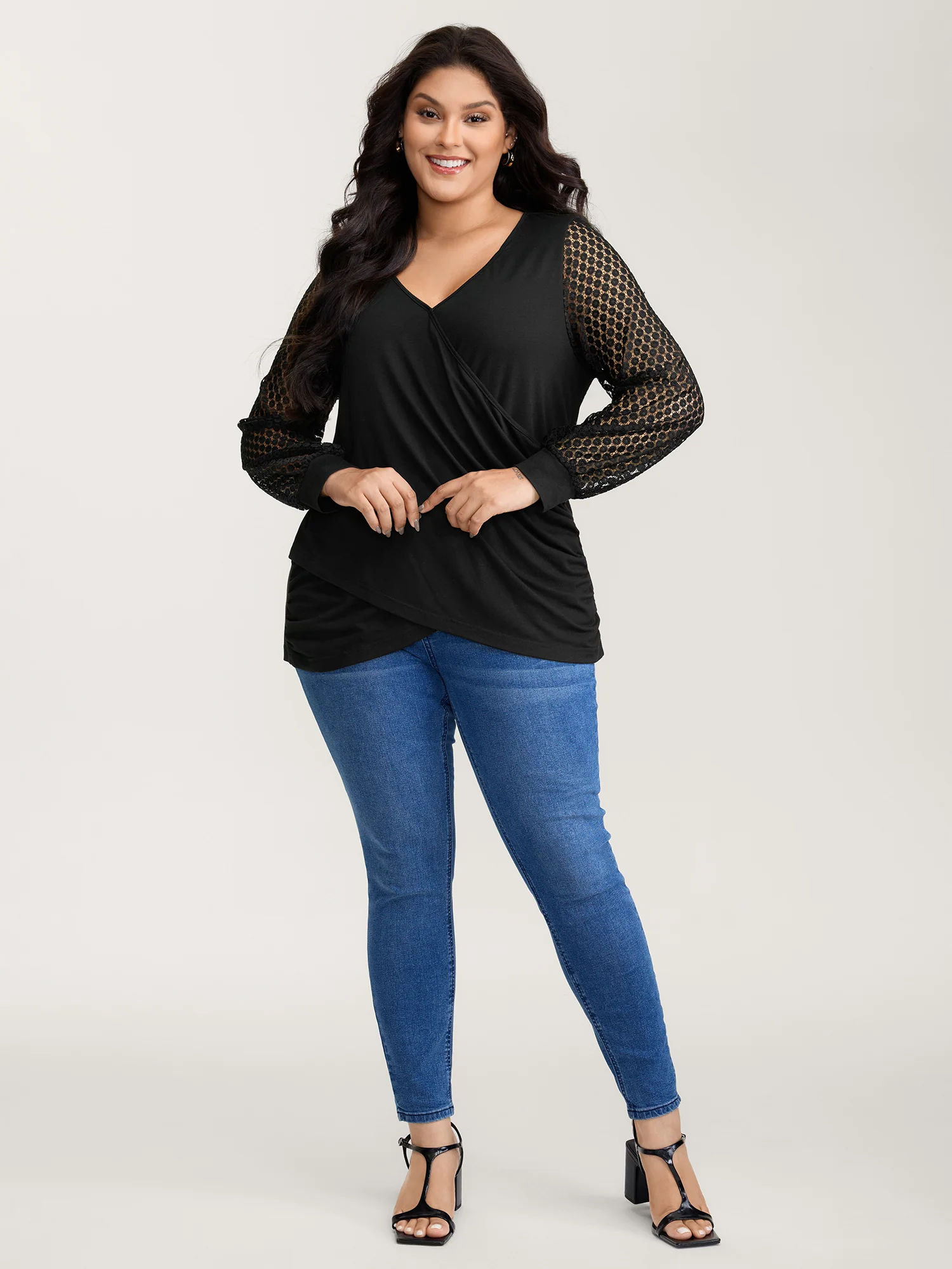 Crossover Draped Lace Sheer Sleeve Knit Top - Image 3