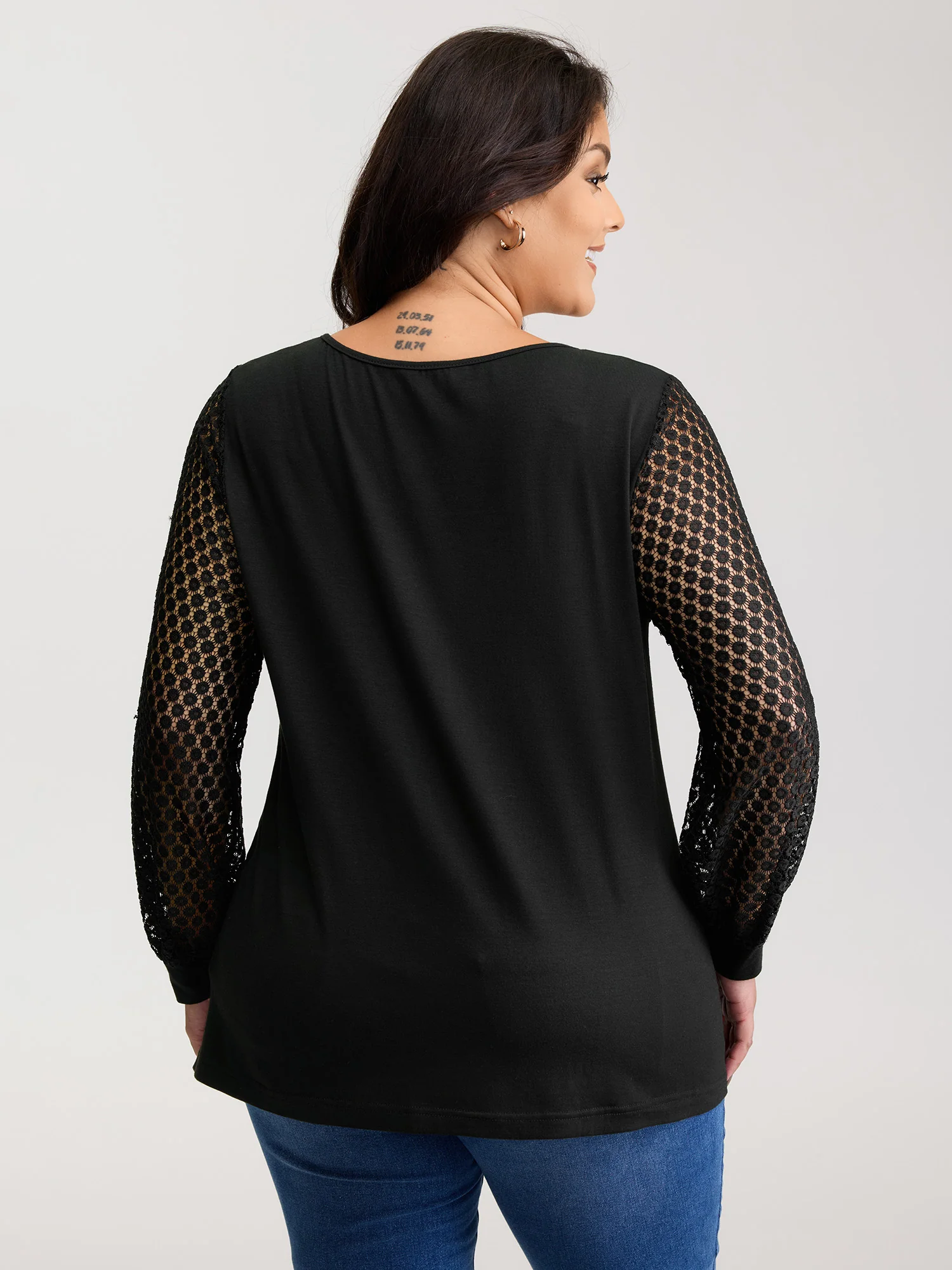 Crossover Draped Lace Sheer Sleeve Knit Top - Image 4