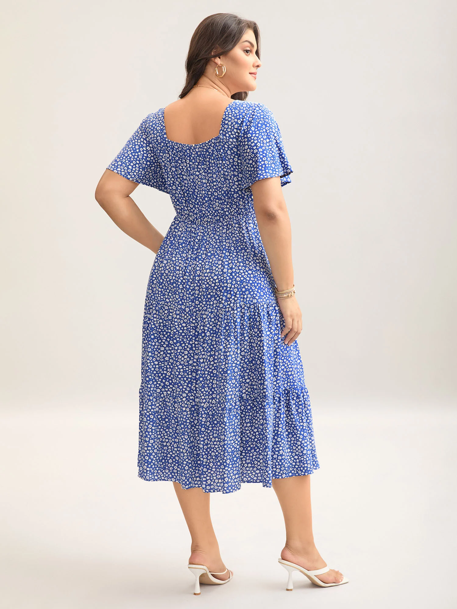 Ditsy Floral Sweetheart Drawstring Pocket Tiered Dress - Image 12