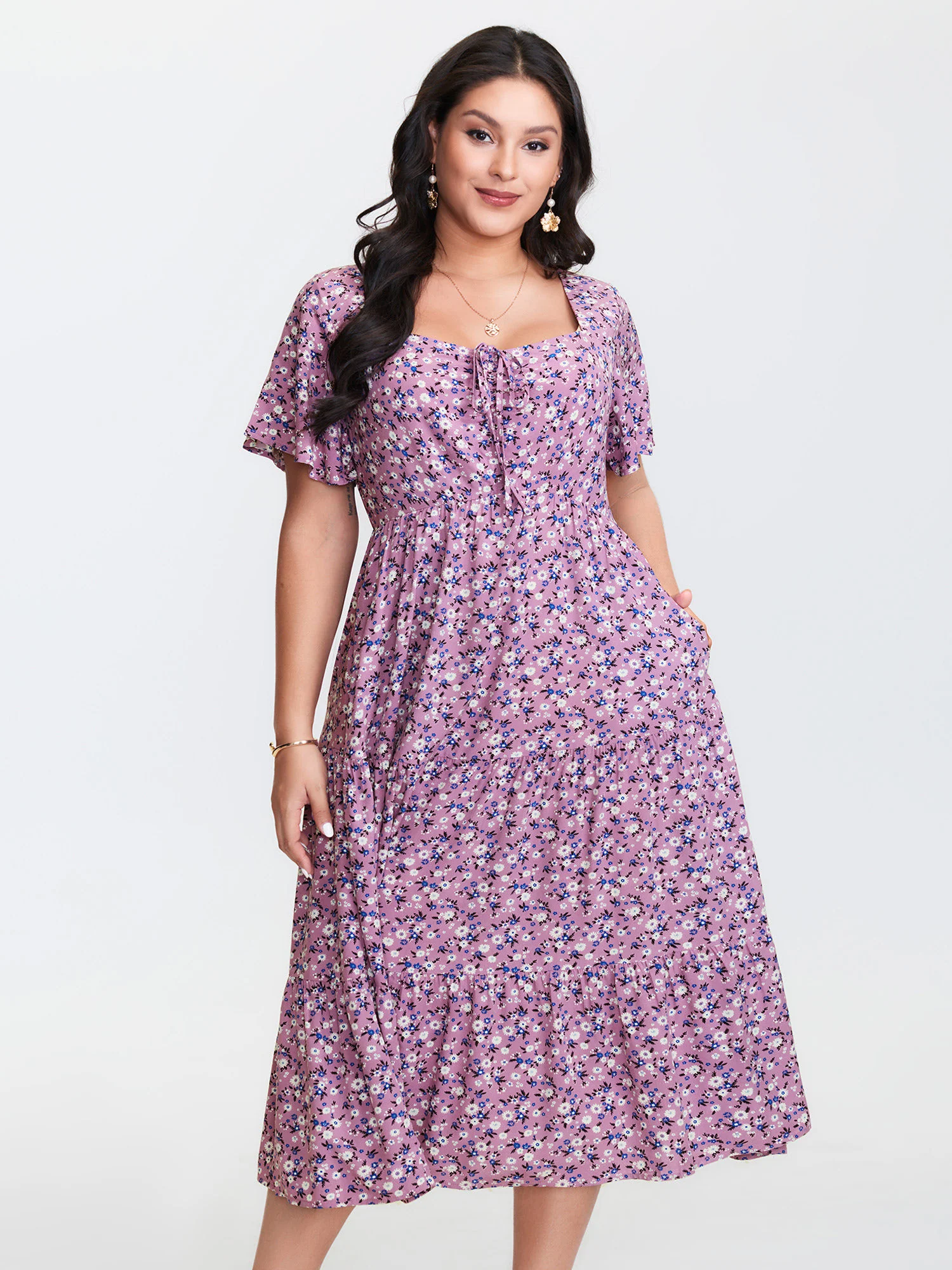 Ditsy Floral Sweetheart Drawstring Pocket Tiered Dress - Image 19